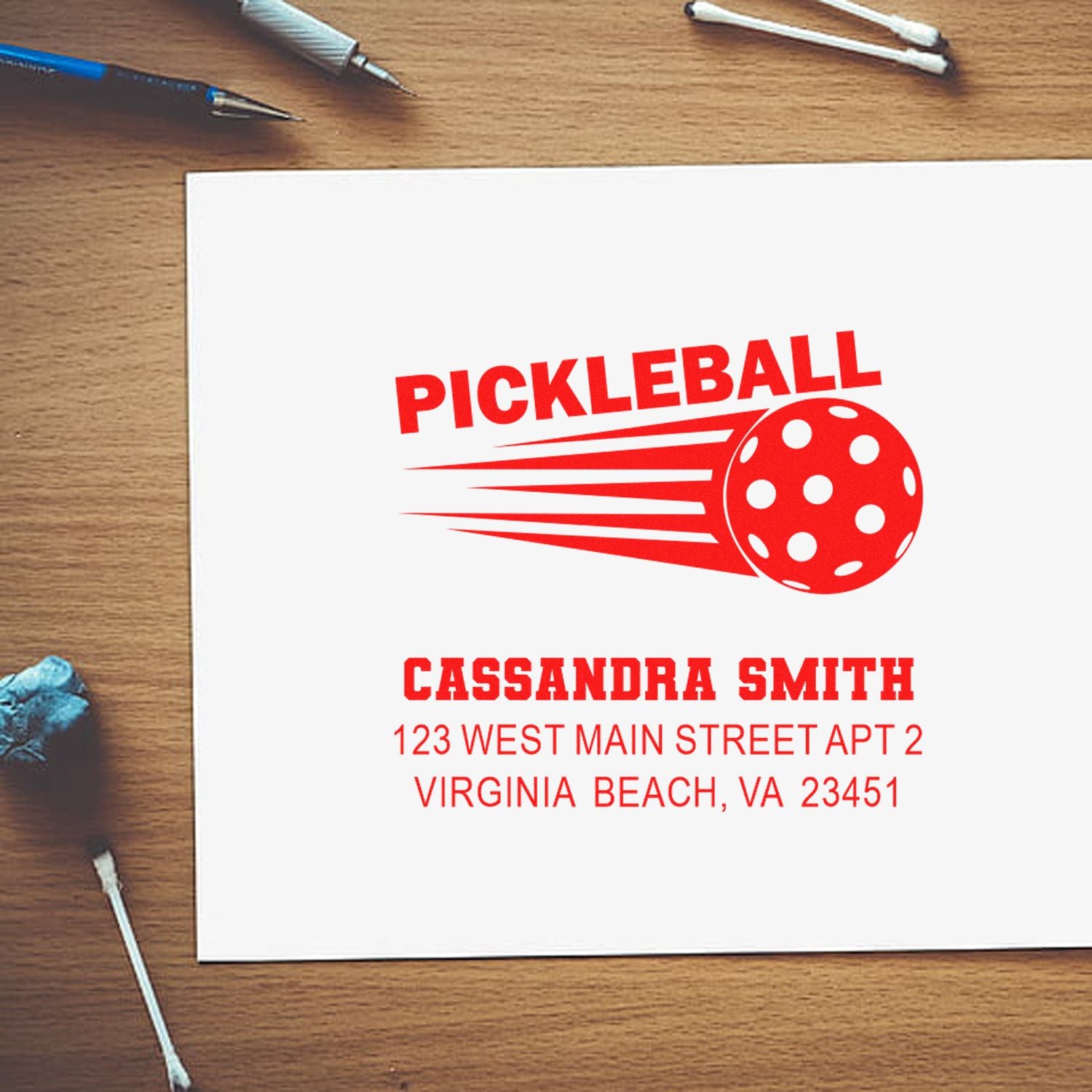 Custom pickleball address rubber stamp with name and Virginia Beach return address for mailing cards and envelopes.
