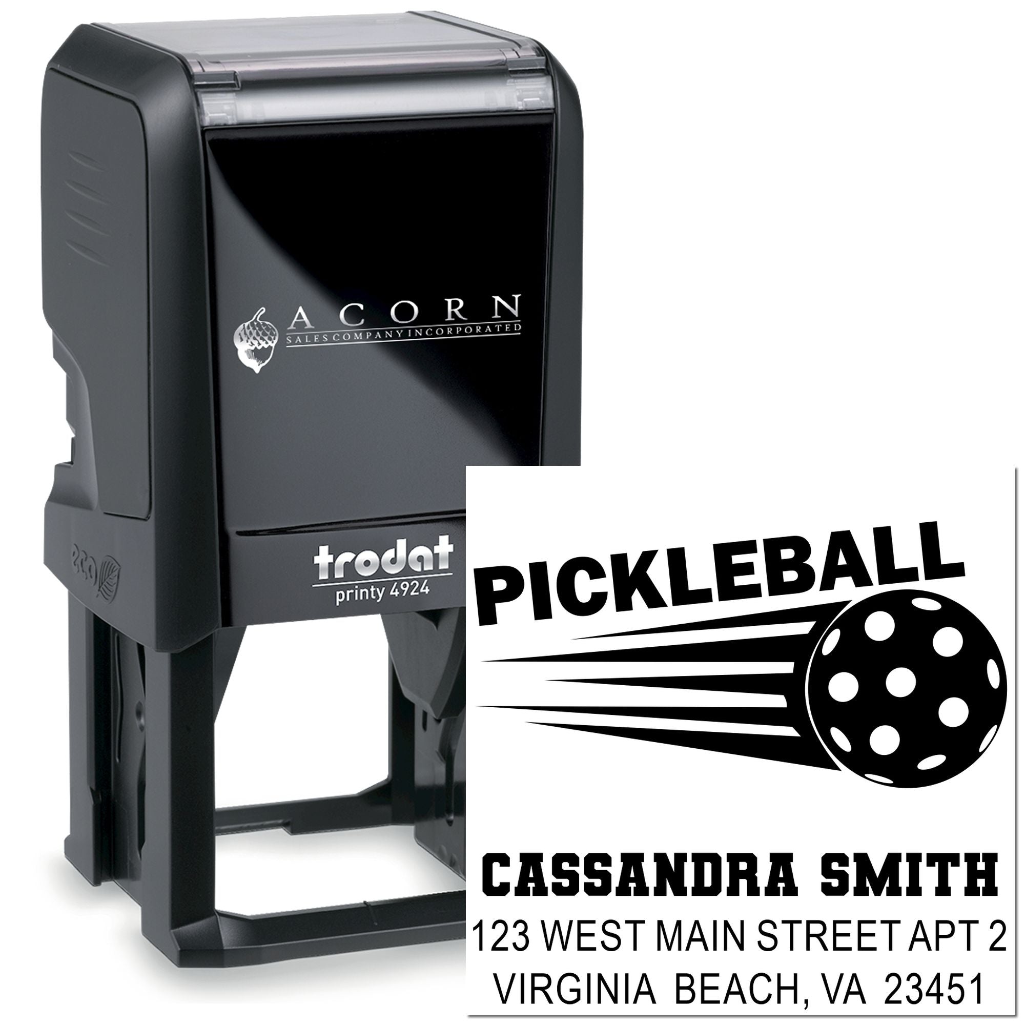 Custom self-inking pickleball address rubber stamp for Cassandra Smith, Virginia Beach return address stamp