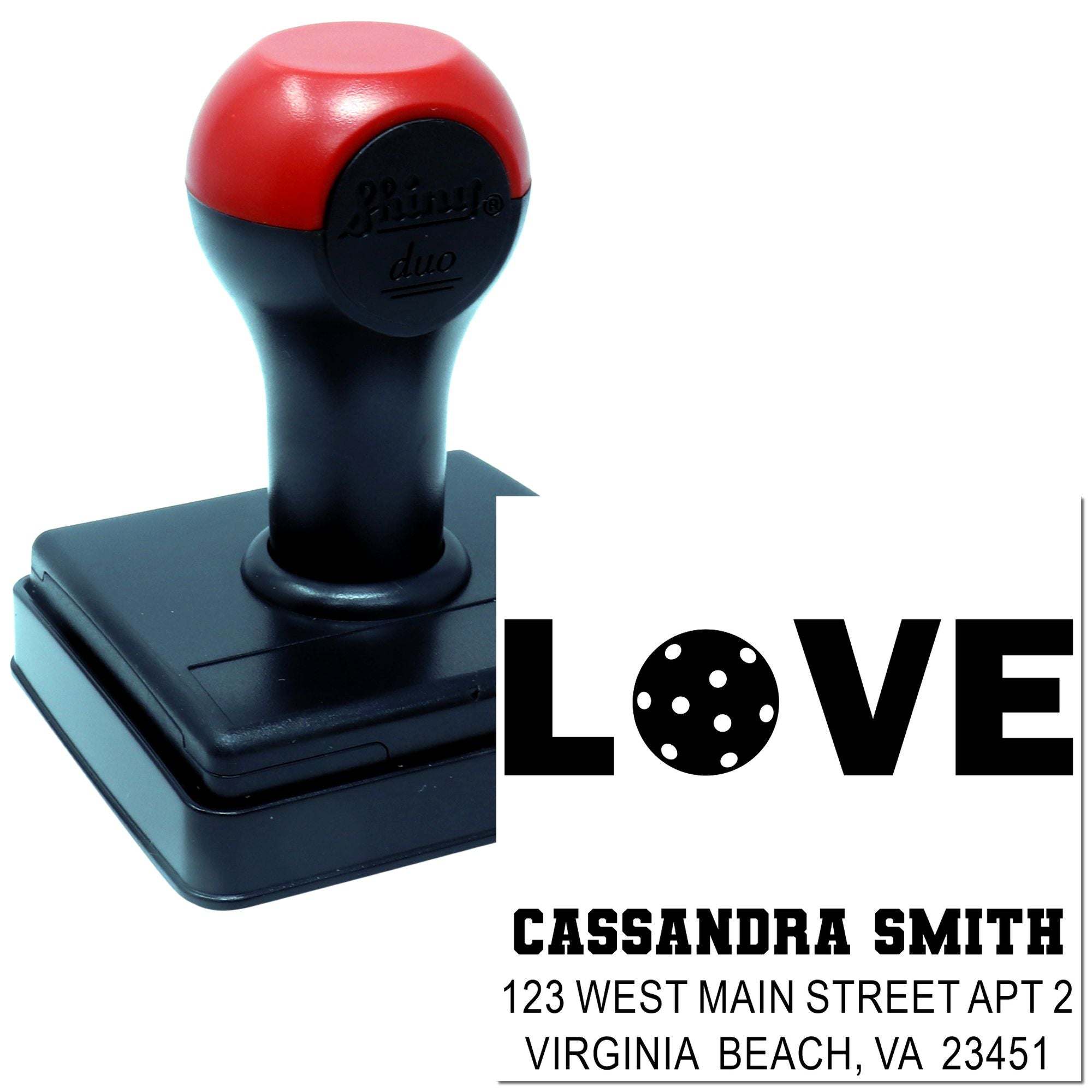 Custom self-inking rubber stamp with LOVE design and personalized name and address for wedding return address use