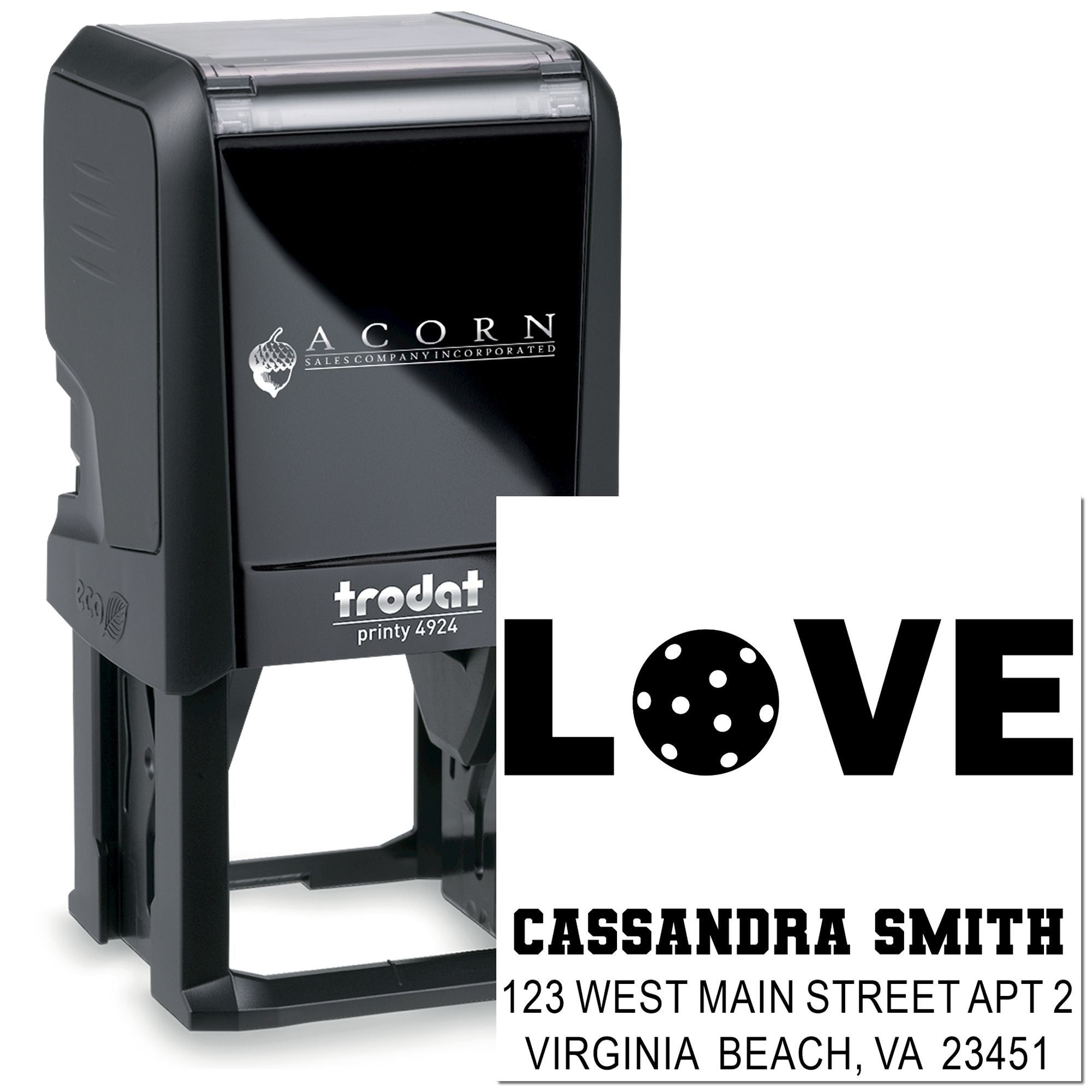 Self-inking custom rubber stamp with LOVE paw-print design and return address imprint, Trodat Printy 4924.
