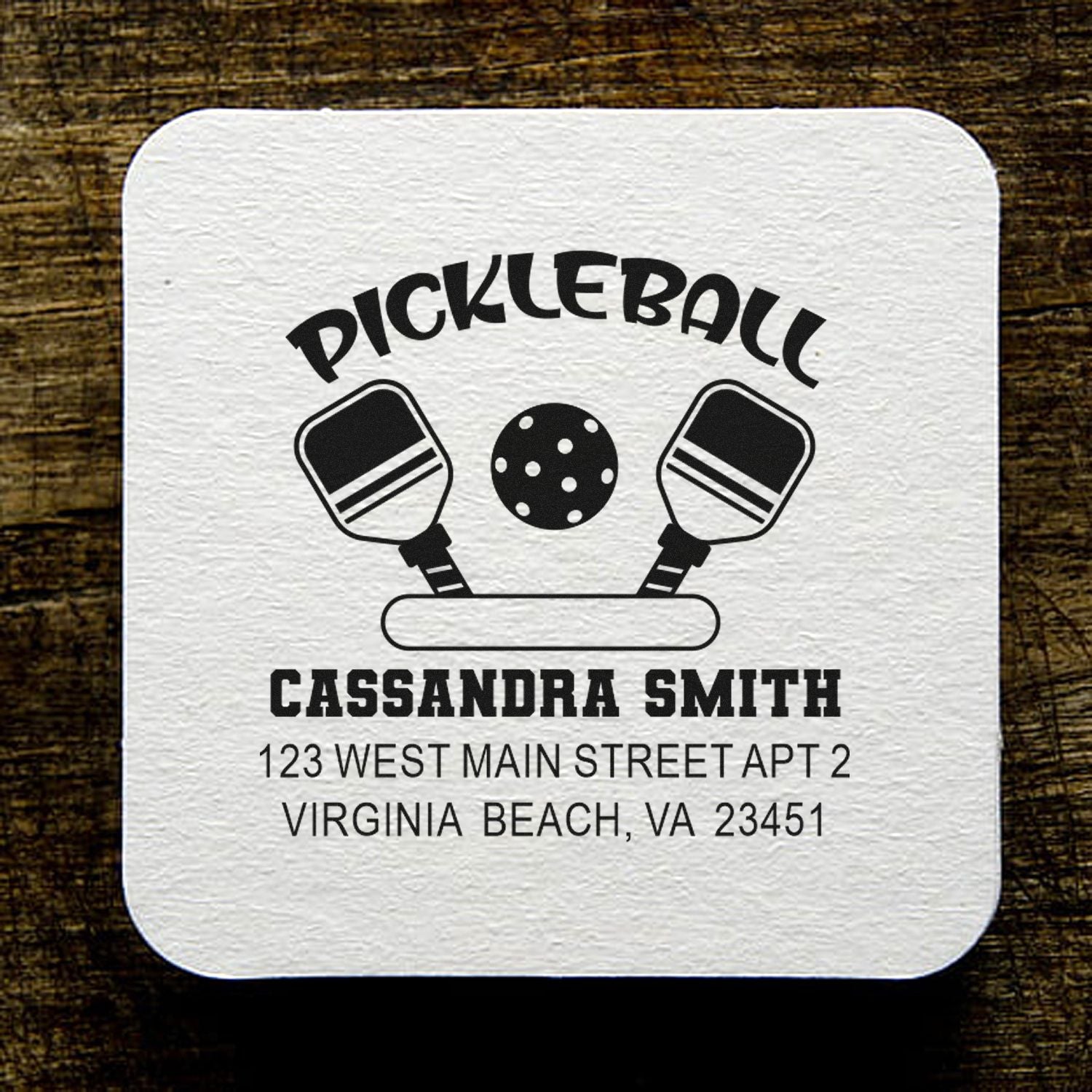 Custom pickleball return address rubber stamp with paddles, ball, and Cassandra Smith name and Virginia Beach address.