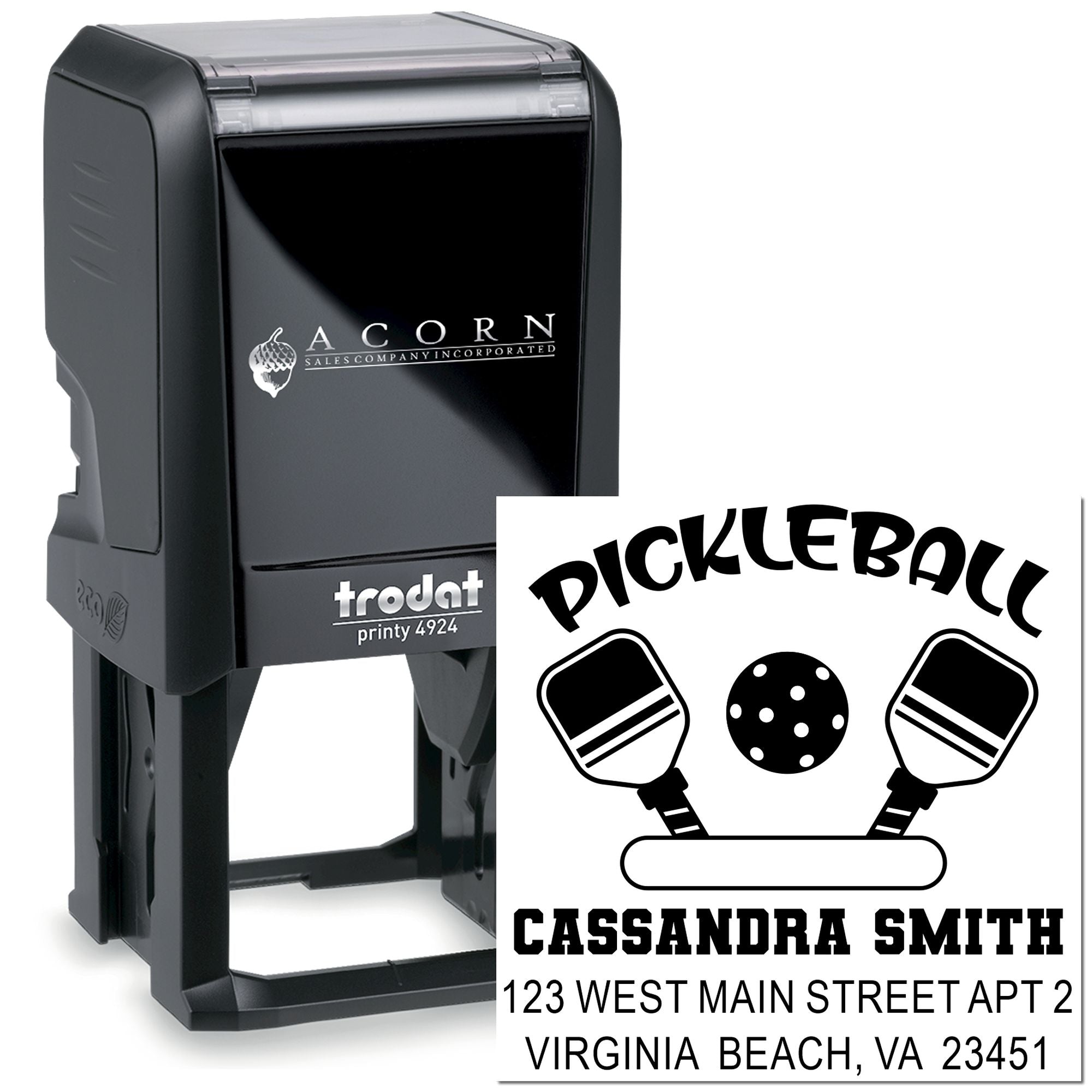 Custom self-inking rubber address stamp with pickleball design for personalized mail, business, or club branding.