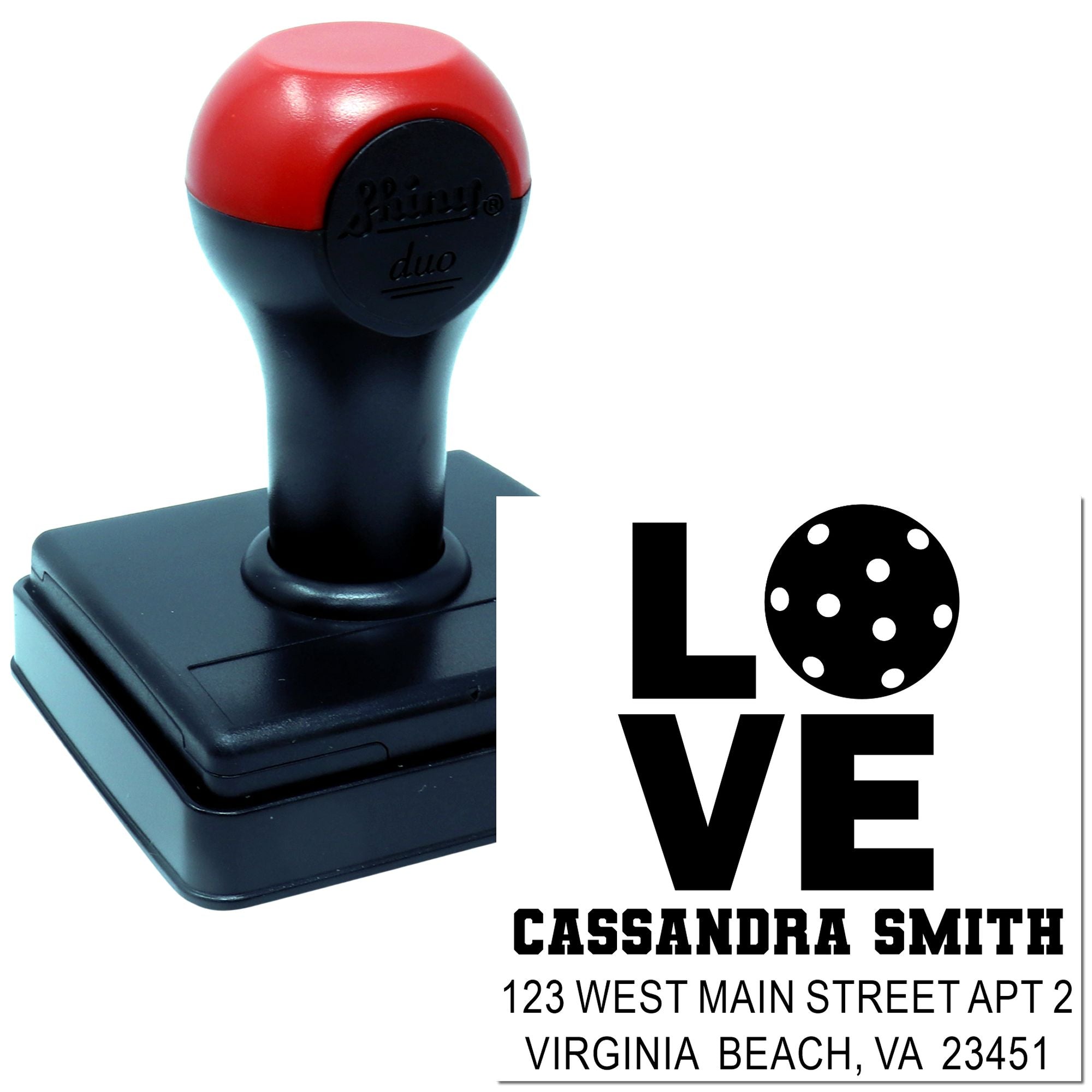 Custom self-inking rubber address stamp with LOVE design, personalized return address, Virginia Beach, VA.