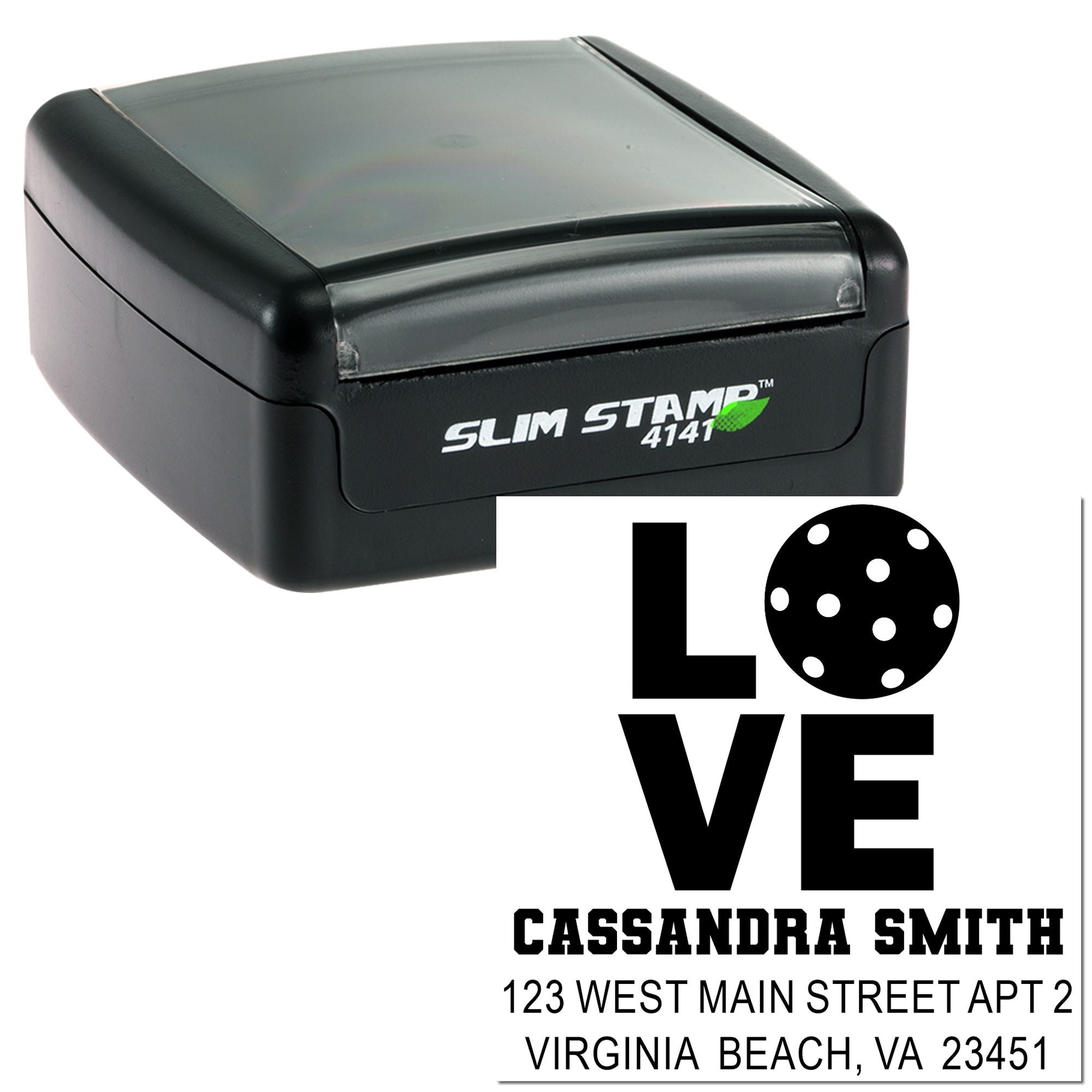 Self-inking Slim Stamp 4141 rubber stamp with custom LOVE address design for wedding invitations and return addresses.