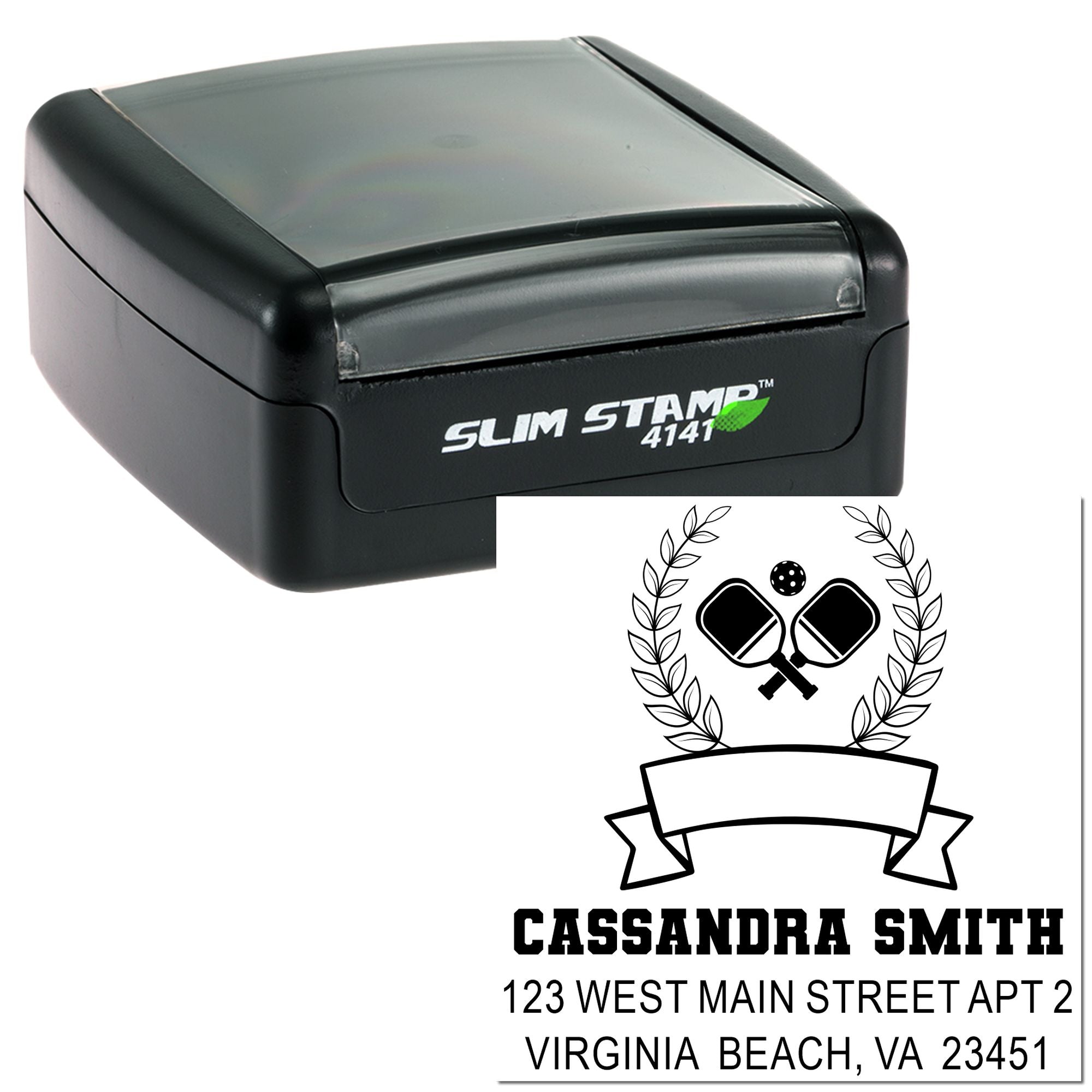 Custom pickleball return address stamp for mailing, with slim self-inking rubber stamp and personalized name and address.