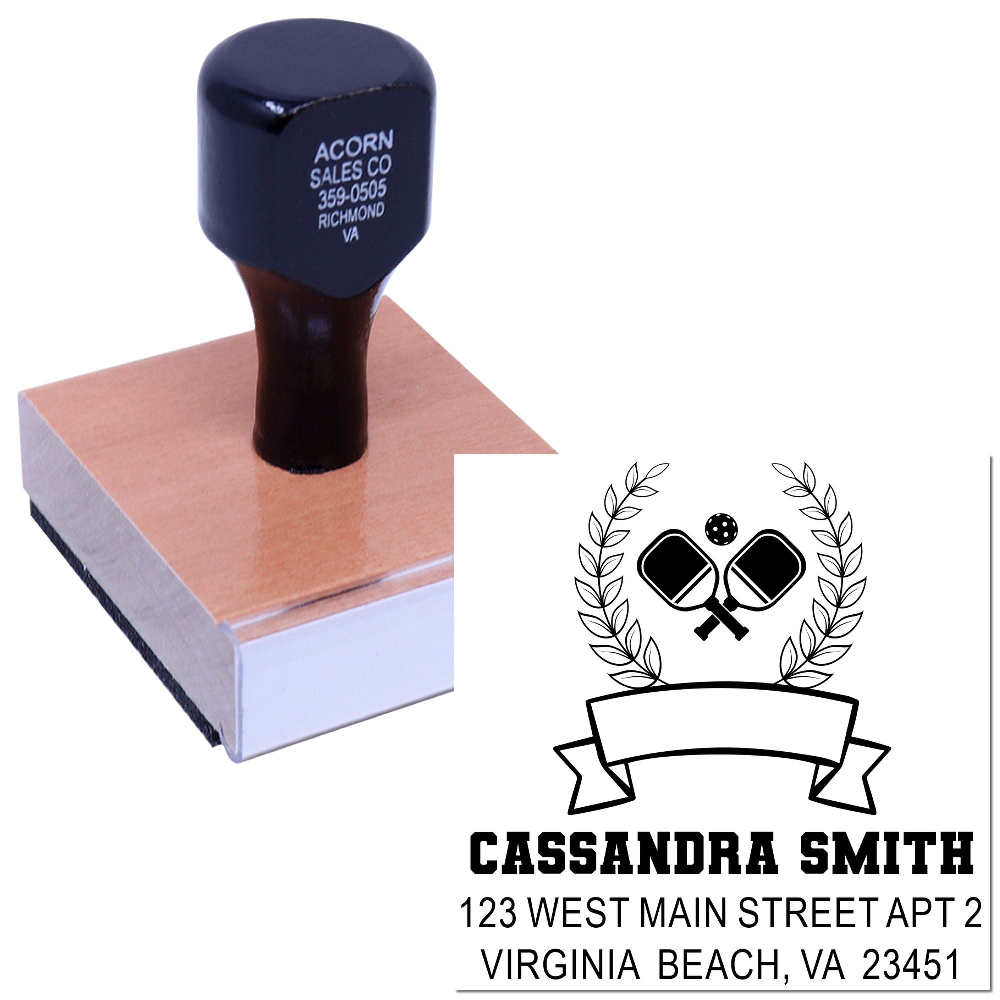 Custom self-inking rubber address stamp with pickleball design and Virginia Beach, VA return address for Cassandra Smith.