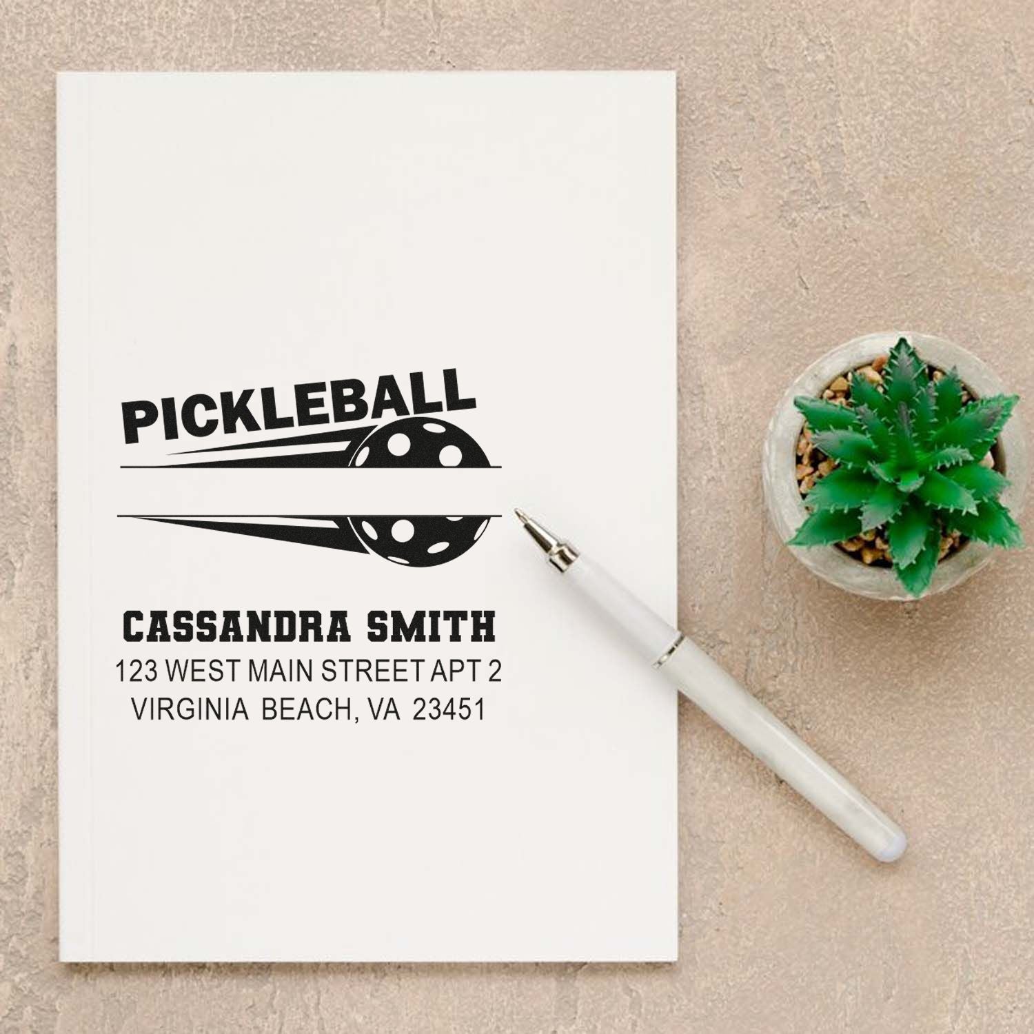 Personalized pickleball return address rubber stamp mockup with custom name and address for sports-themed mail.