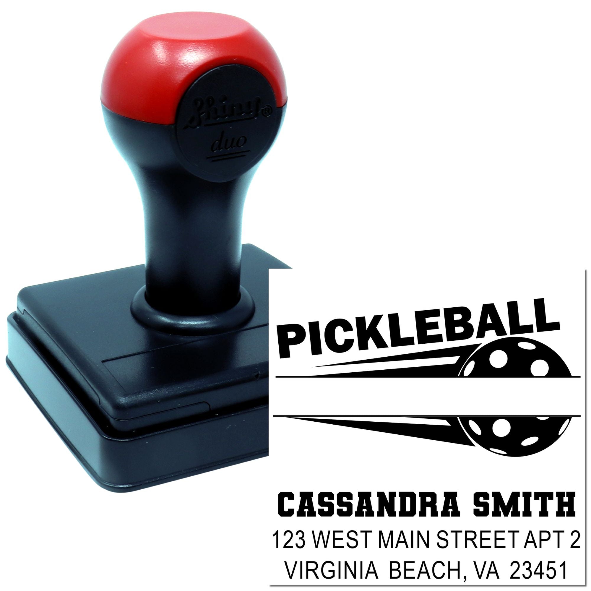 Personalized pickleball address rubber stamp with name and Virginia Beach address, self-inking stamp for sports mailings.