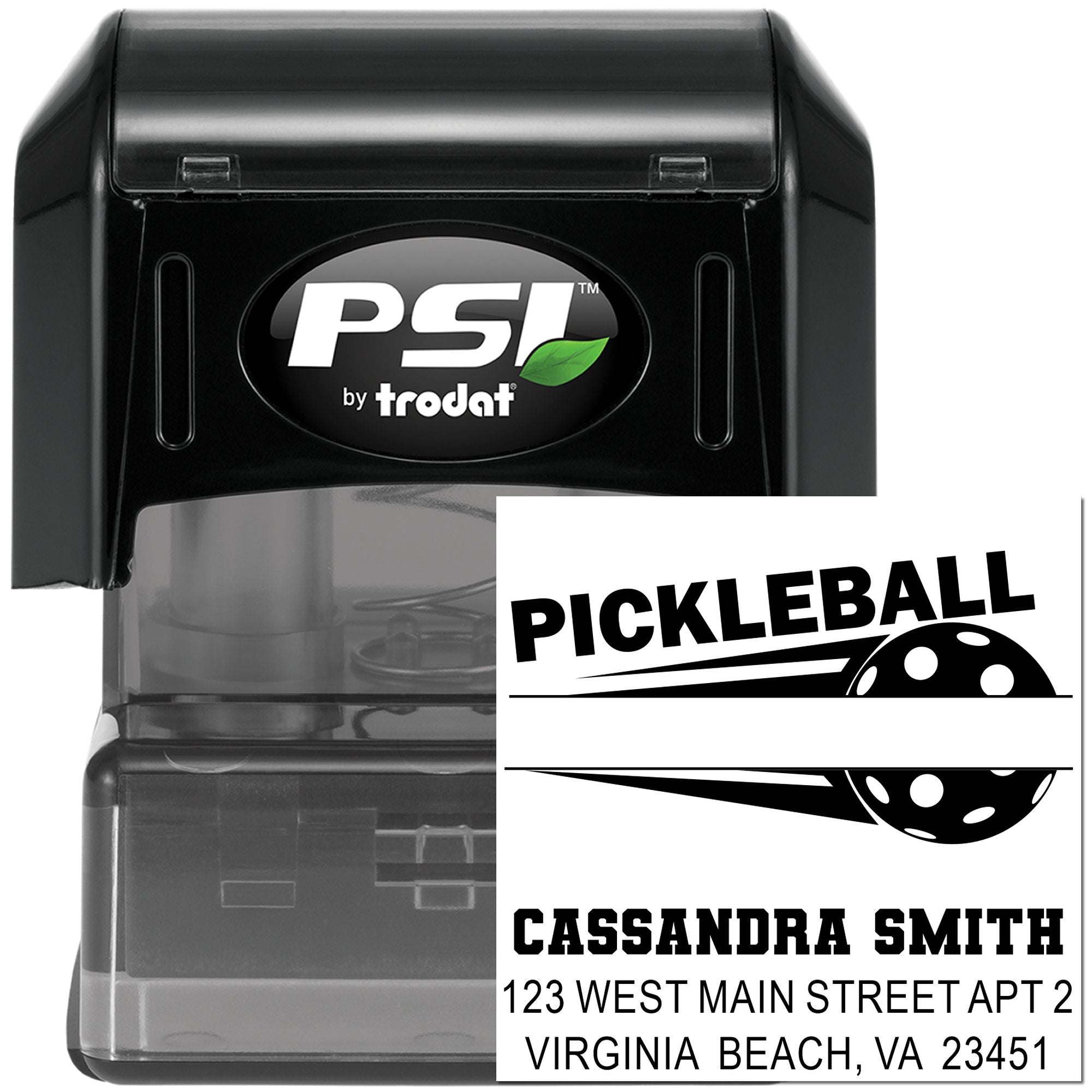 Custom PSI by Trodat self-inking rubber stamp with pickleball return address design for personalized mailing labels.