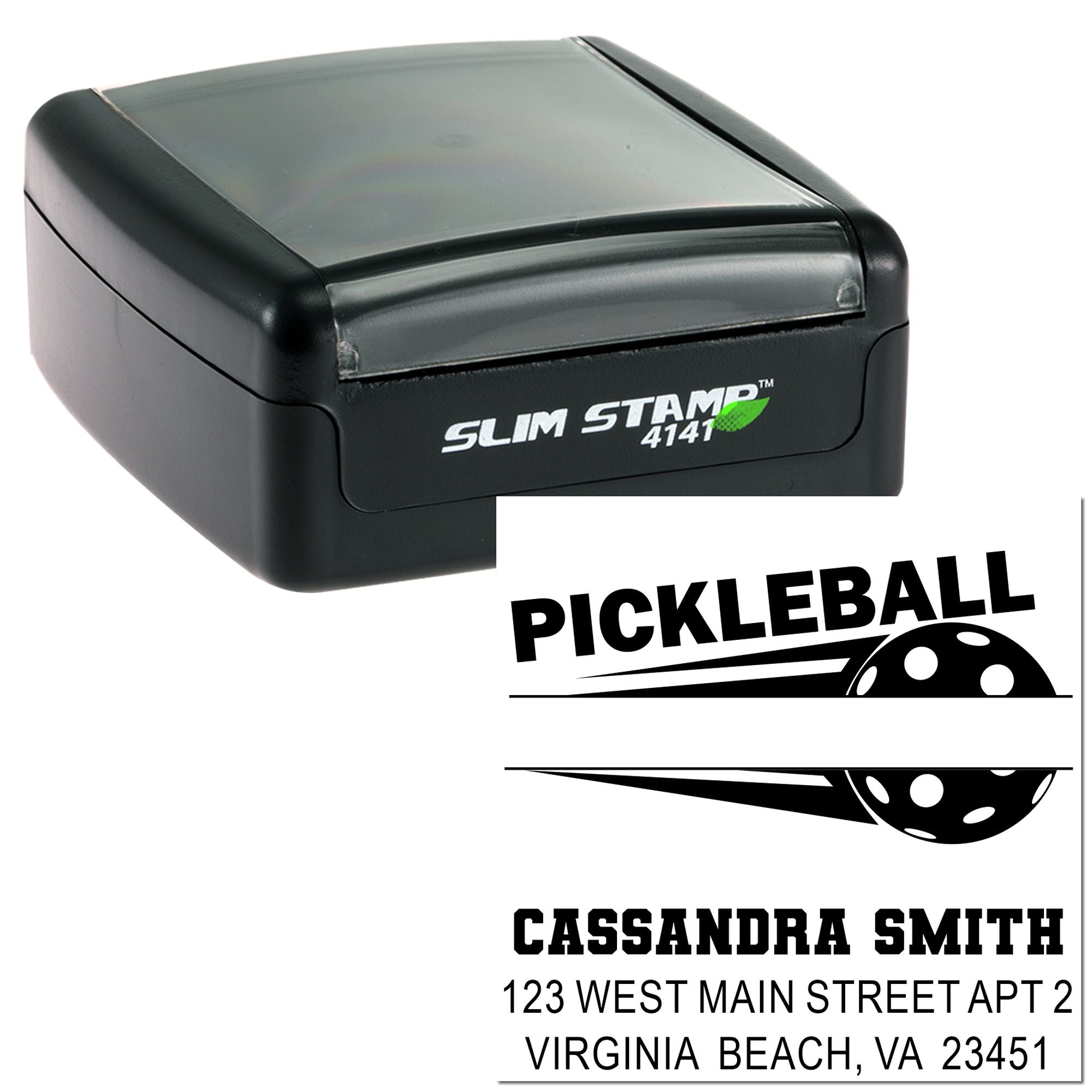 Custom pickleball rubber stamp with self-inking Slim Stamp 4141 case and sample name-and-address imprint.