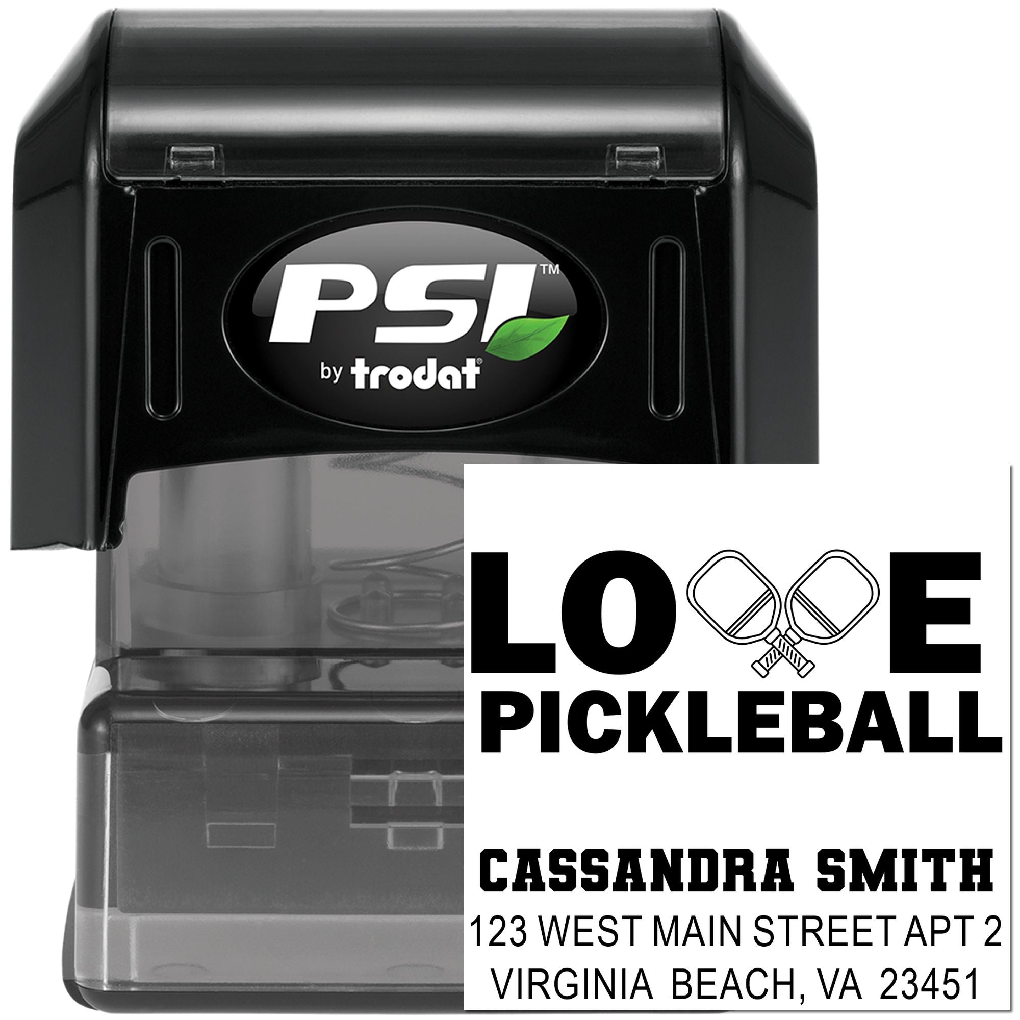 PSI by Trodat self-inking custom rubber address stamp with Love Pickleball design, name, and address for personalized mailing.