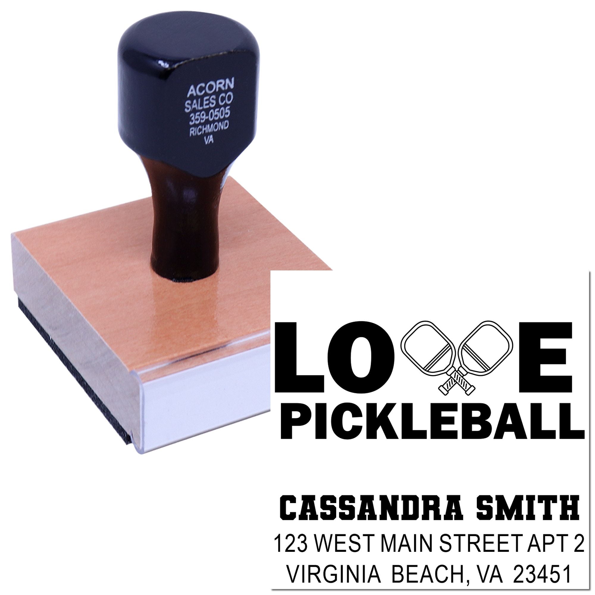 Personalized address rubber stamp with Love Pickleball design for custom mailing and pickleball gifts.