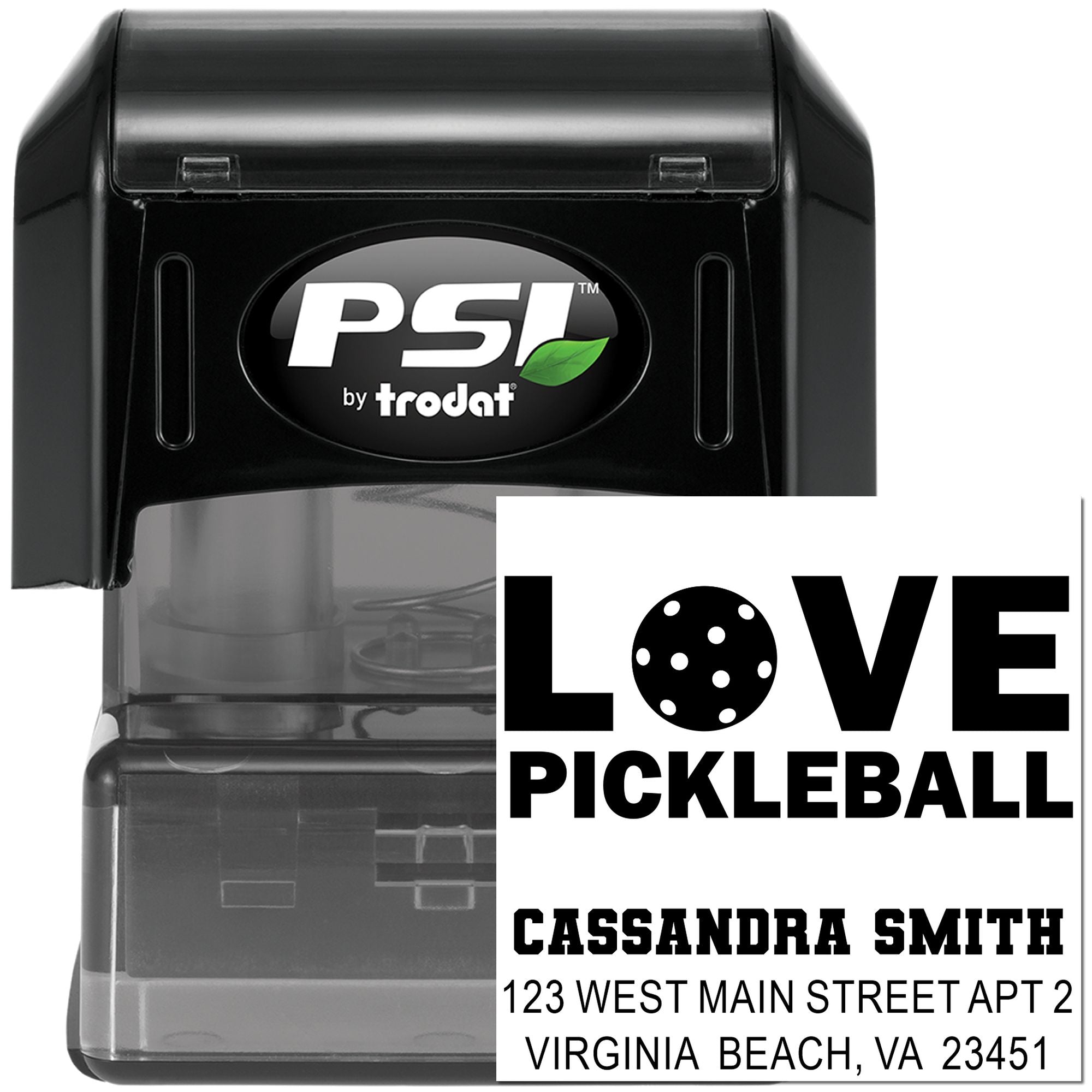 PSI by Trodat self-inking rubber stamp showing custom Love Pickleball return address design