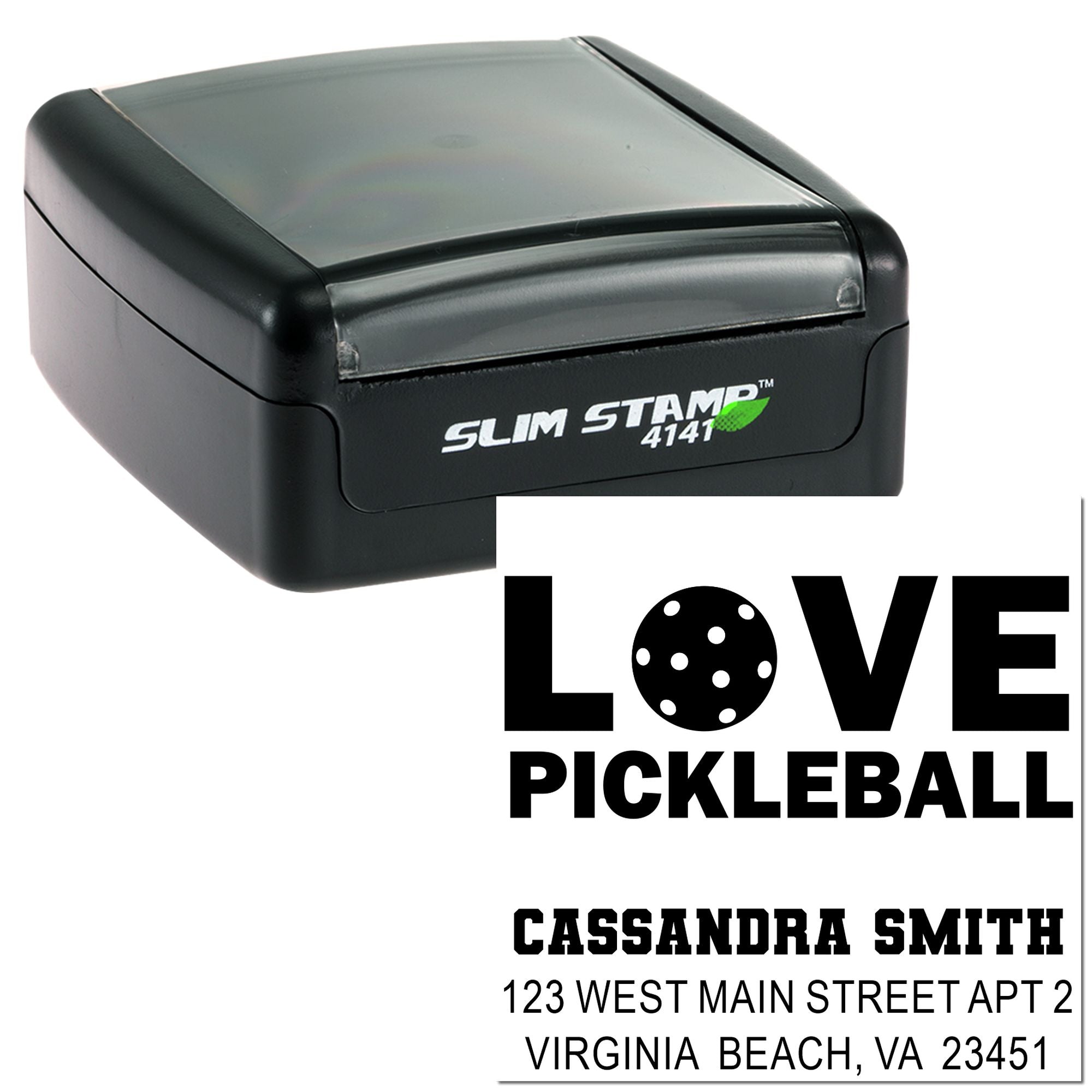 Custom self-inking rubber return address stamp with LOVE PICKLEBALL design for personalized pickleball mailings.