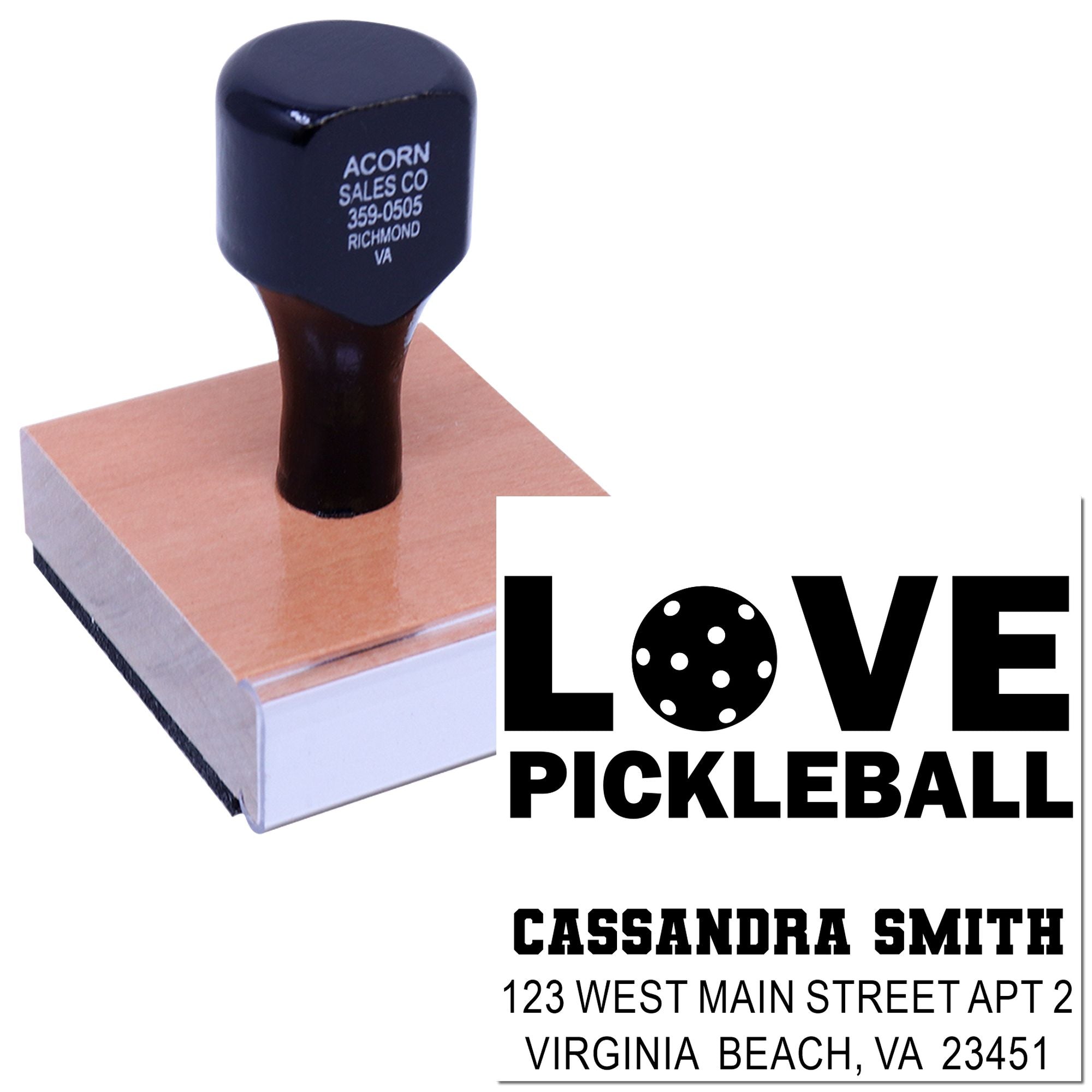 Custom rubber stamp with Love Pickleball design, name, and address for personalized mailing and branding.