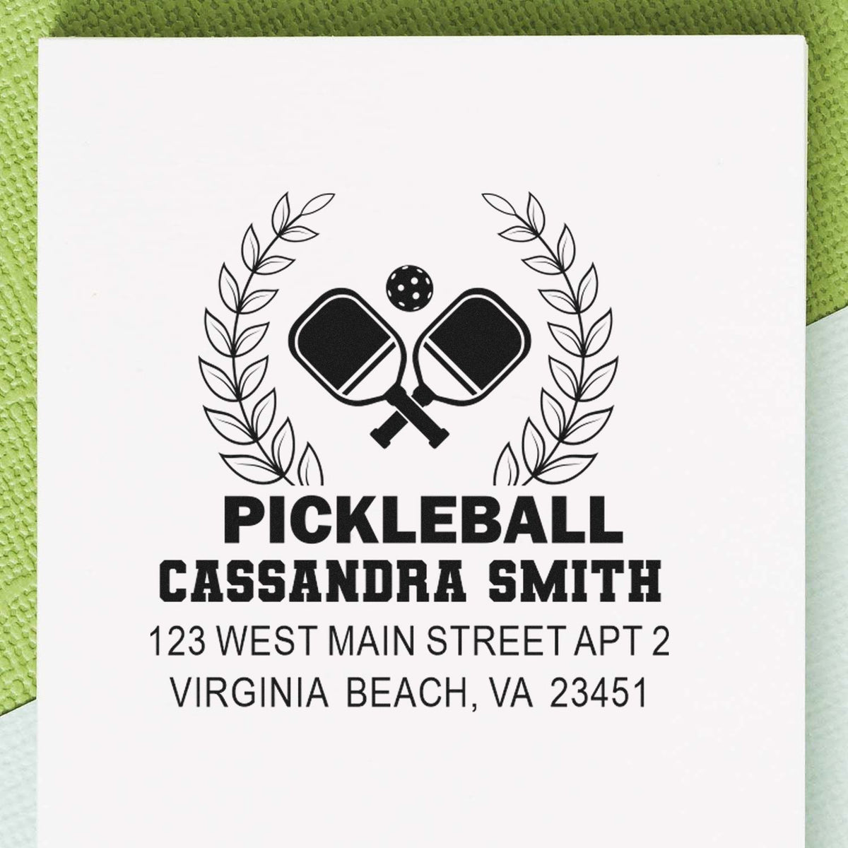 Custom pickleball return address rubber stamp with crossed paddles, name, and Virginia Beach address.