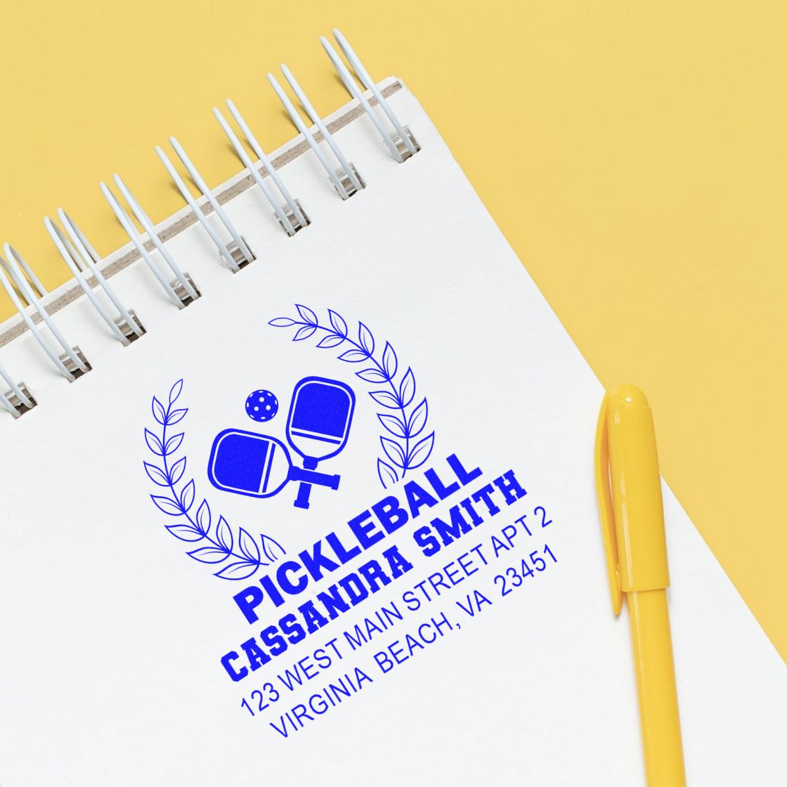 Custom pickleball return address rubber stamp with paddles, name, and address for personalized sports branding.