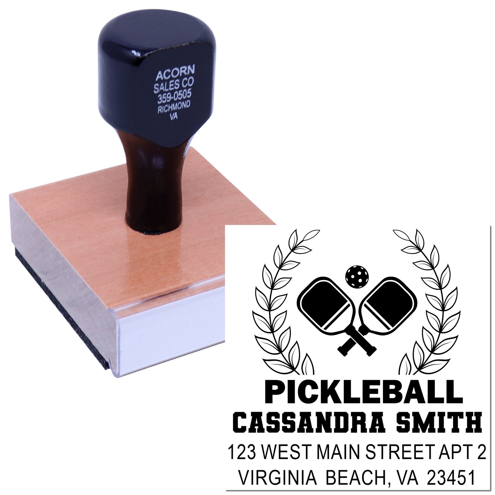 Custom pickleball rubber stamp with name and address, ideal for personalized stationery and mailing labels.