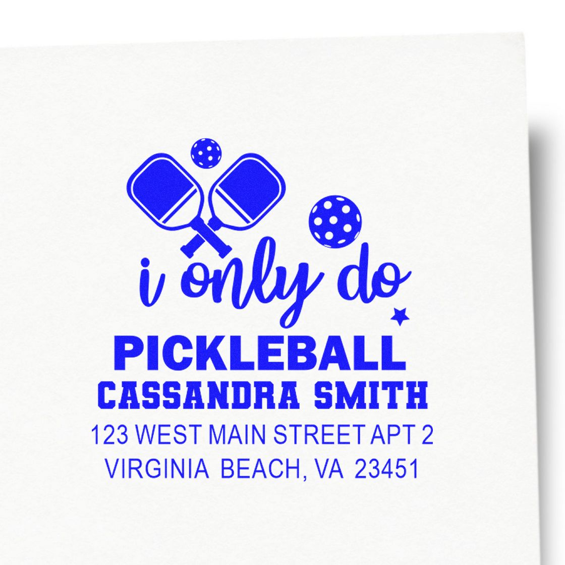 Personalized pickleball rubber stamp with paddles, name Cassandra Smith, and Virginia Beach return address.