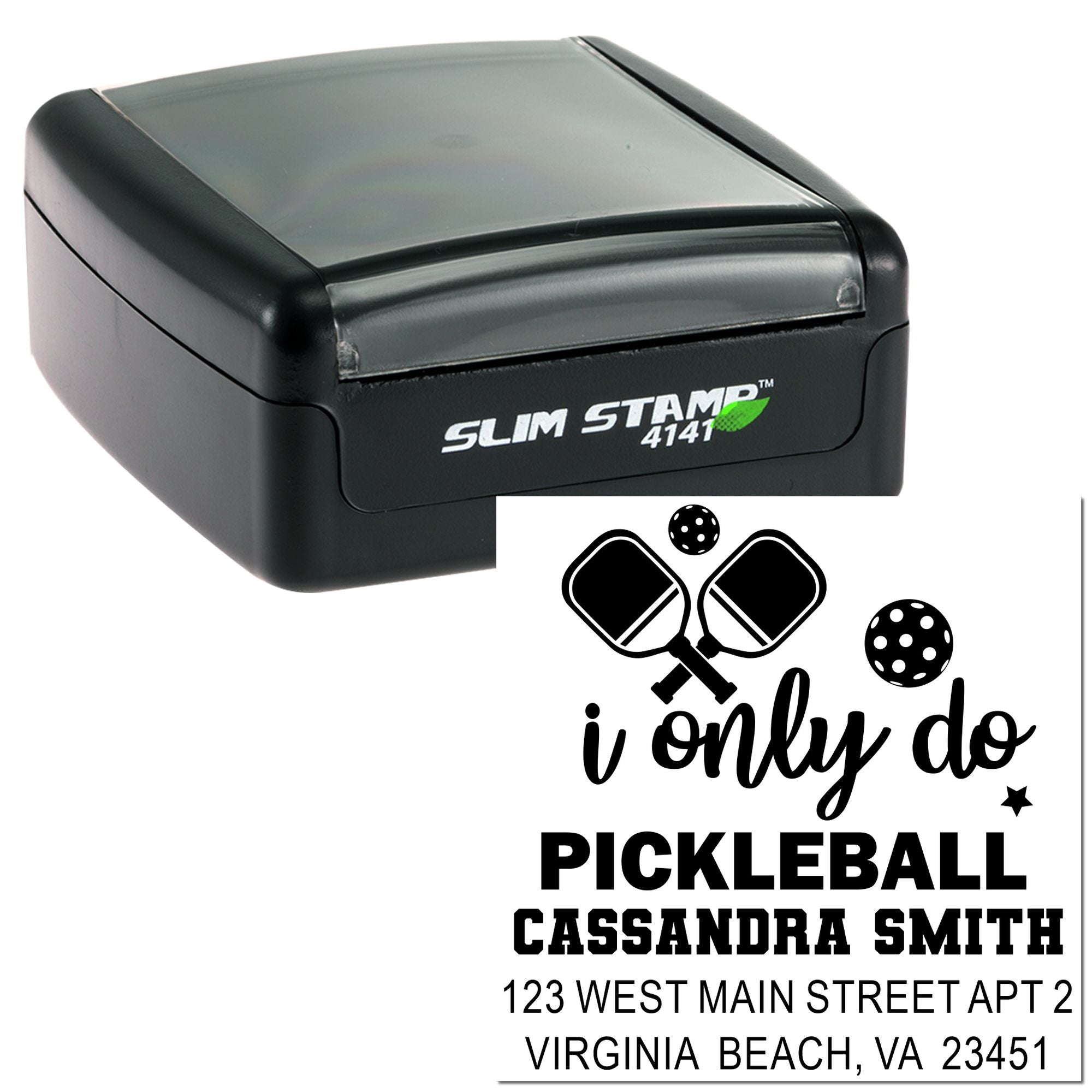 Slim Stamp 4141 custom pickleball return address rubber stamp with paddle graphic, name, and address.
