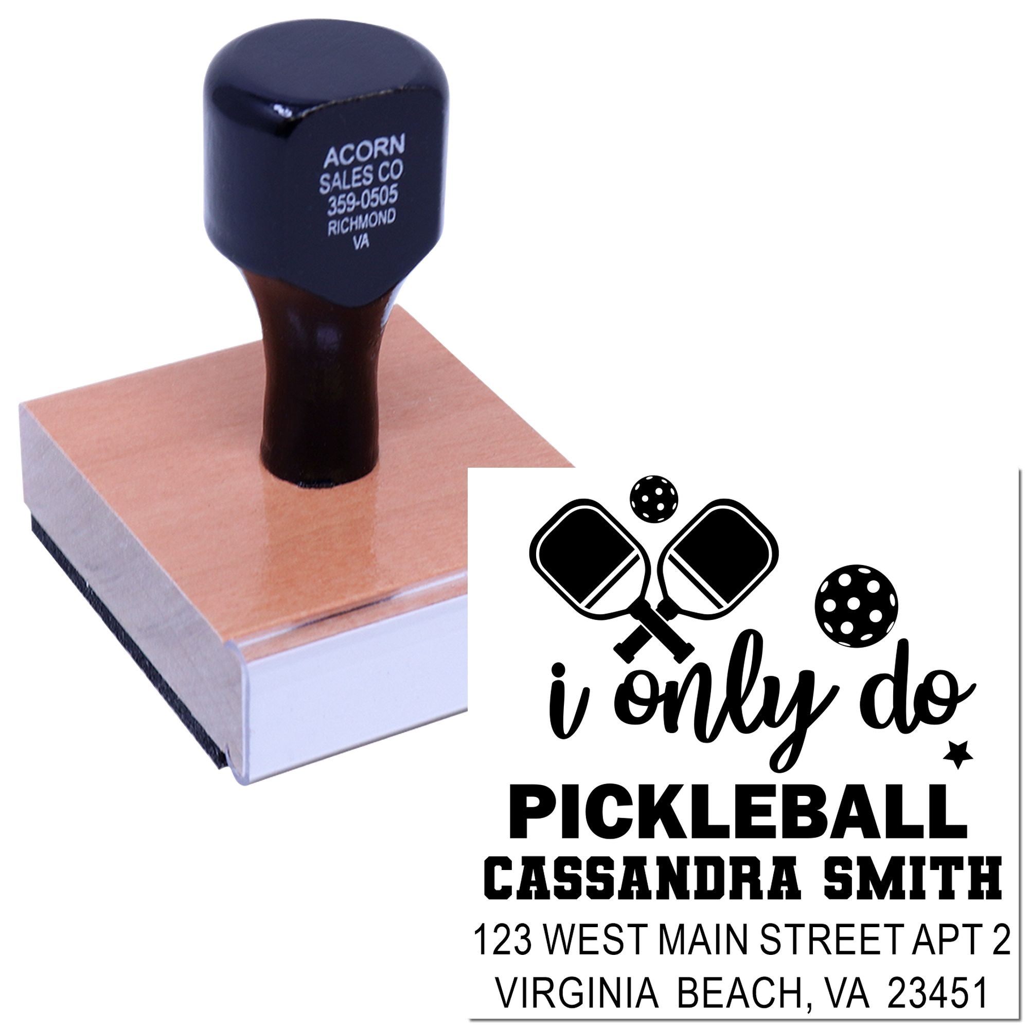 Custom pickleball address rubber stamp with name imprint for personalized mailing, cards, and sports gifts.