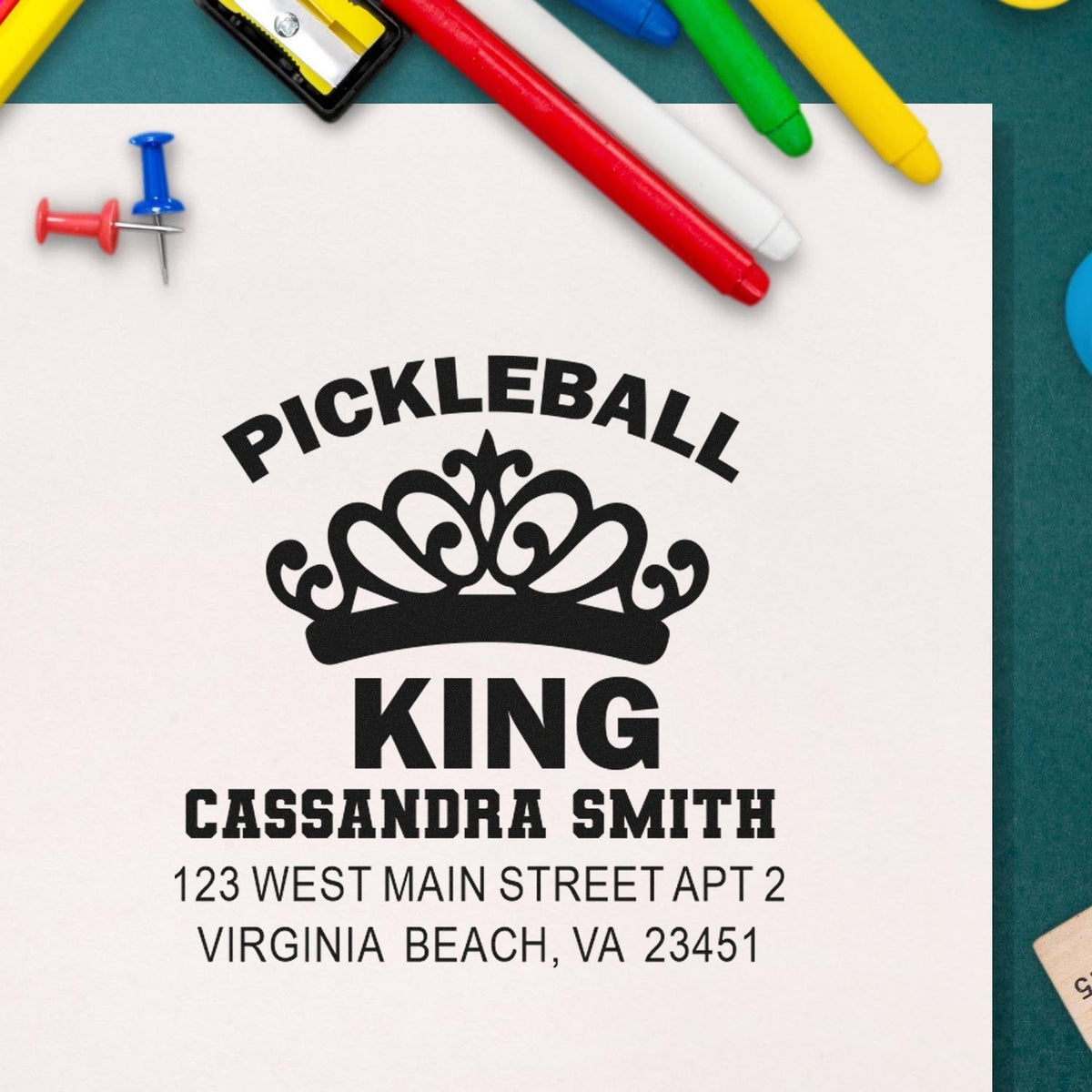 Custom pickleball address stamp featuring a crown logo and Pickleball King name with Virginia Beach address.