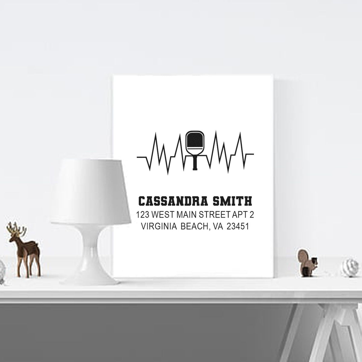 Custom return address rubber stamp with heartbeat microphone design, perfect for personalized mailing and packaging.