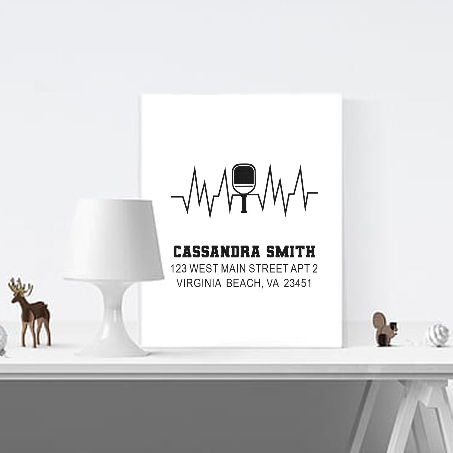 Custom rubber address stamp with microphone heartbeat design for Cassandra Smith, Virginia Beach, VA.