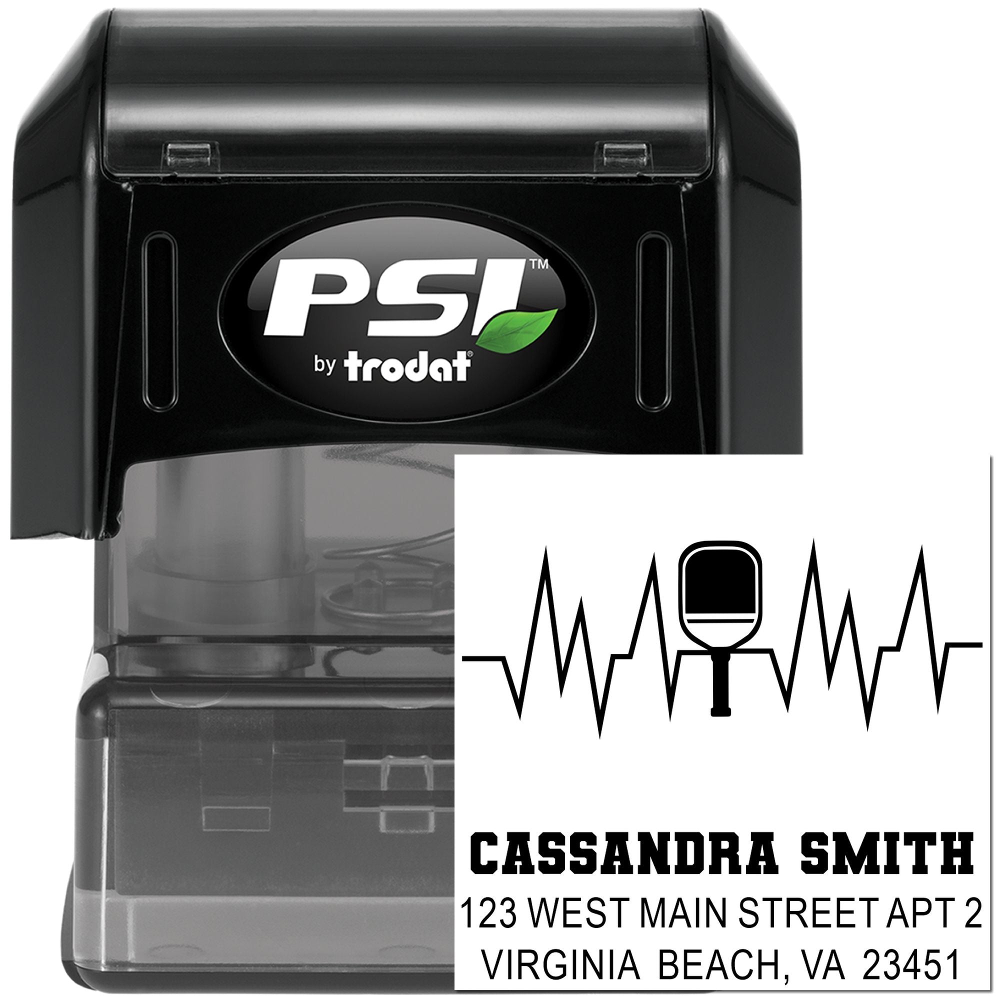 PSI by Trodat custom self-inking return address stamp for Cassandra Smith, Virginia Beach, VA mailing labels.