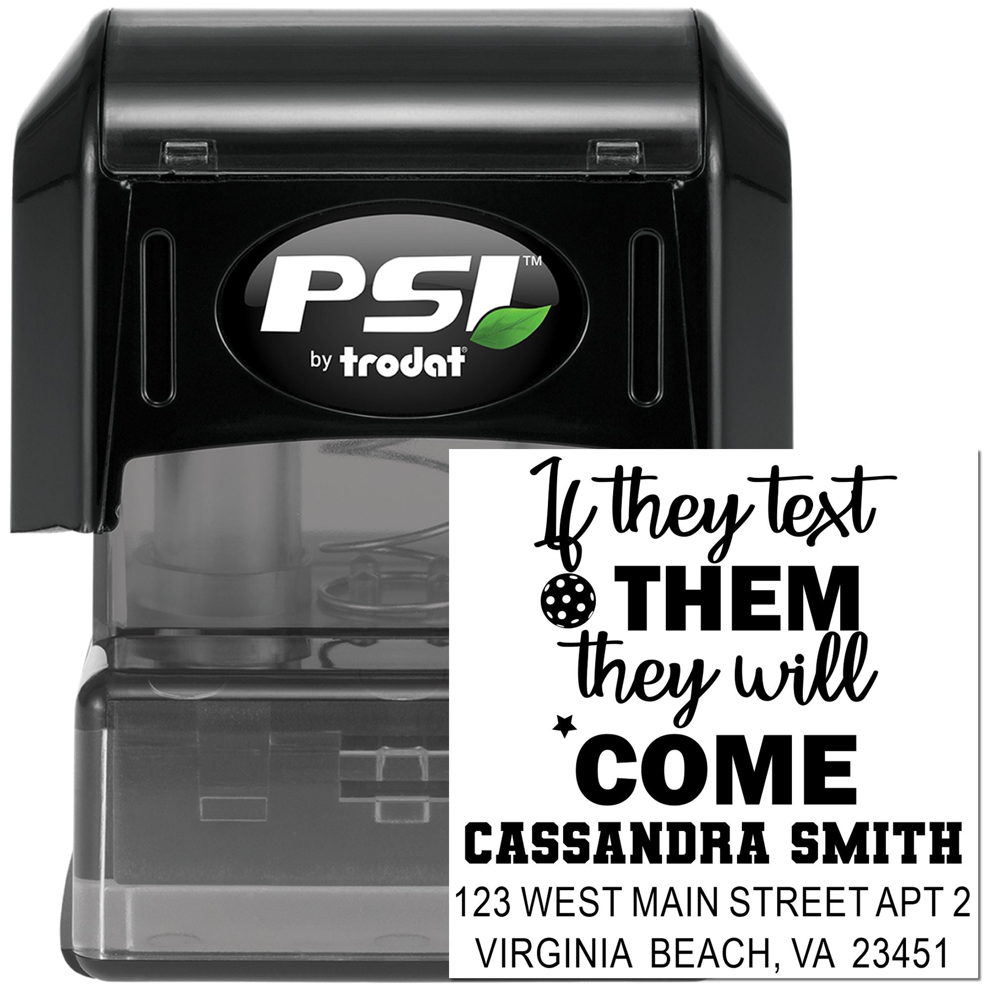 PSI by Trodat self-inking custom rubber stamp with personalized address imprint and motivational text for business use