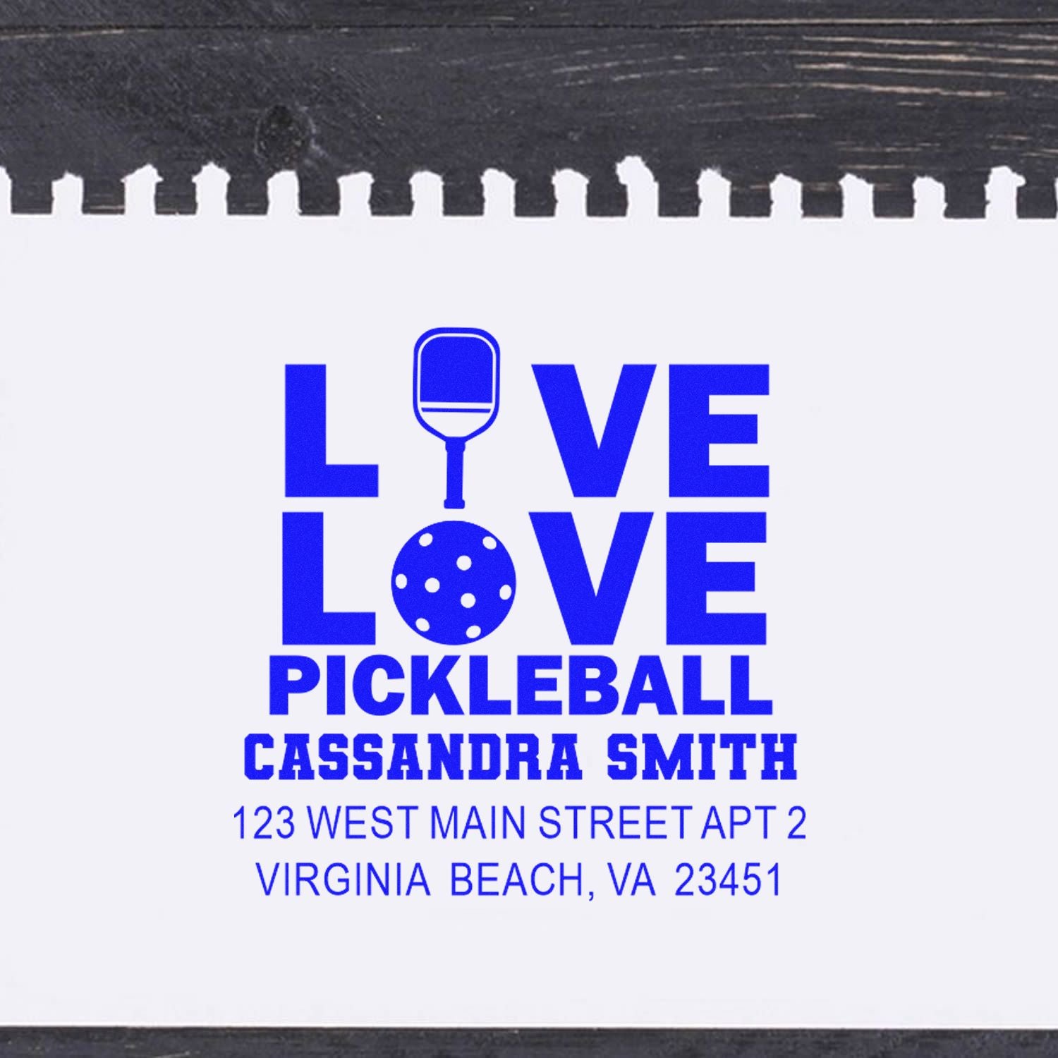 Custom pickleball address rubber stamp with Love Love design, Cassandra Smith name, and Virginia Beach, VA address.