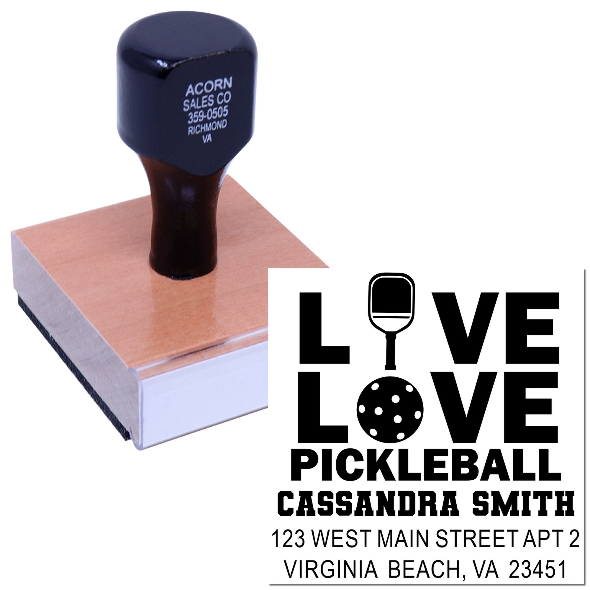 Custom address rubber stamp with LOVE LOVE PICKLEBALL design for personalized mail, cards, and packaging.