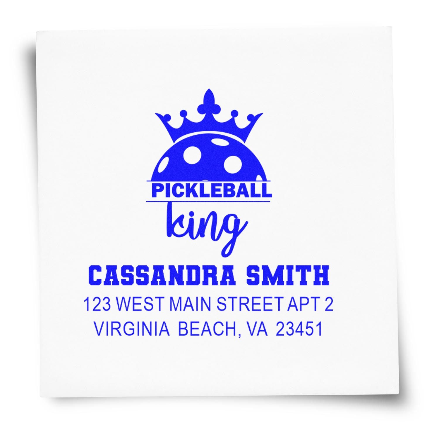 Custom pickleball king return address rubber stamp for Cassandra Smith, Virginia Beach, VA