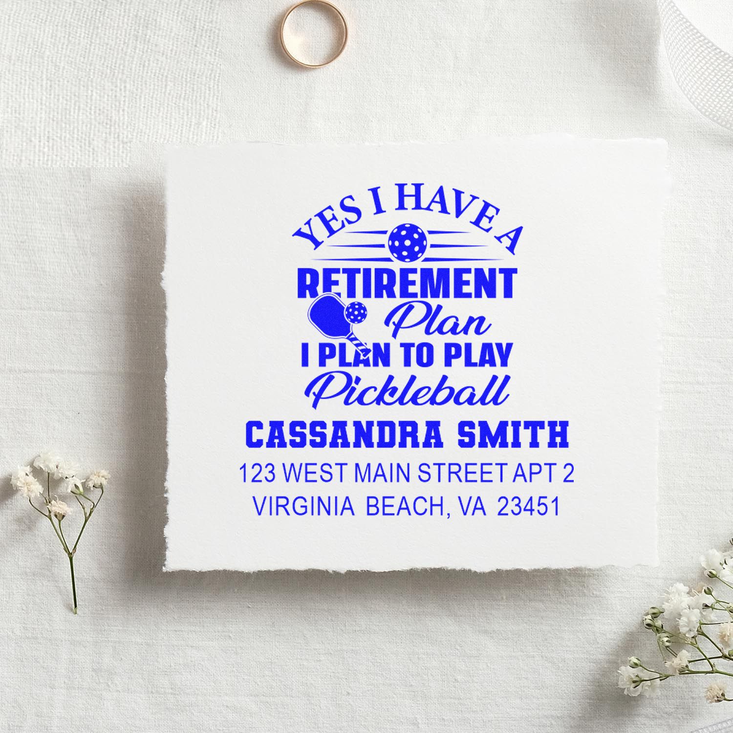 Personalized return address rubber stamp with pickleball retirement slogan, name, and Virginia Beach, VA address.