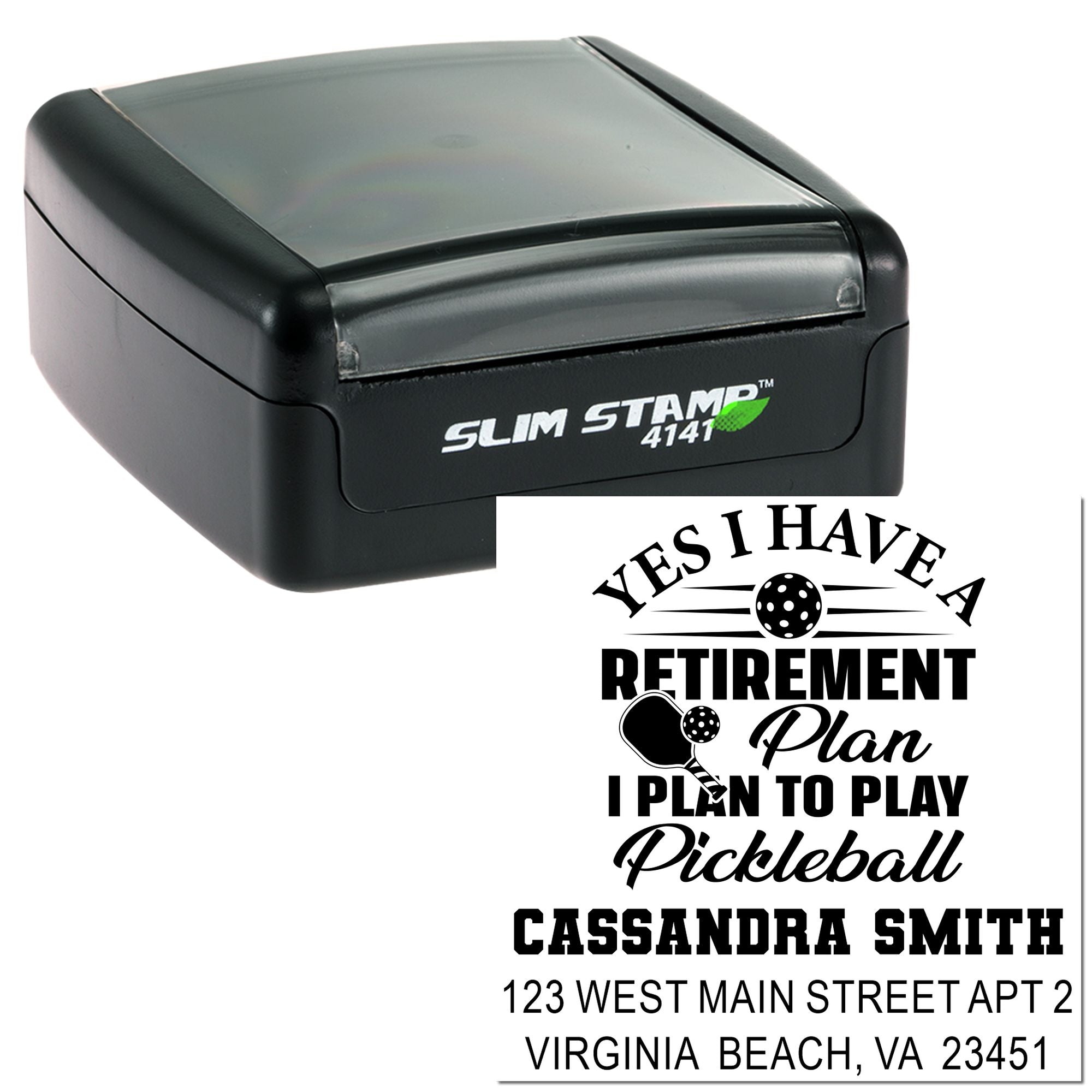 Custom self-inking rubber stamp with pickleball retirement return address design for personalized mailing.