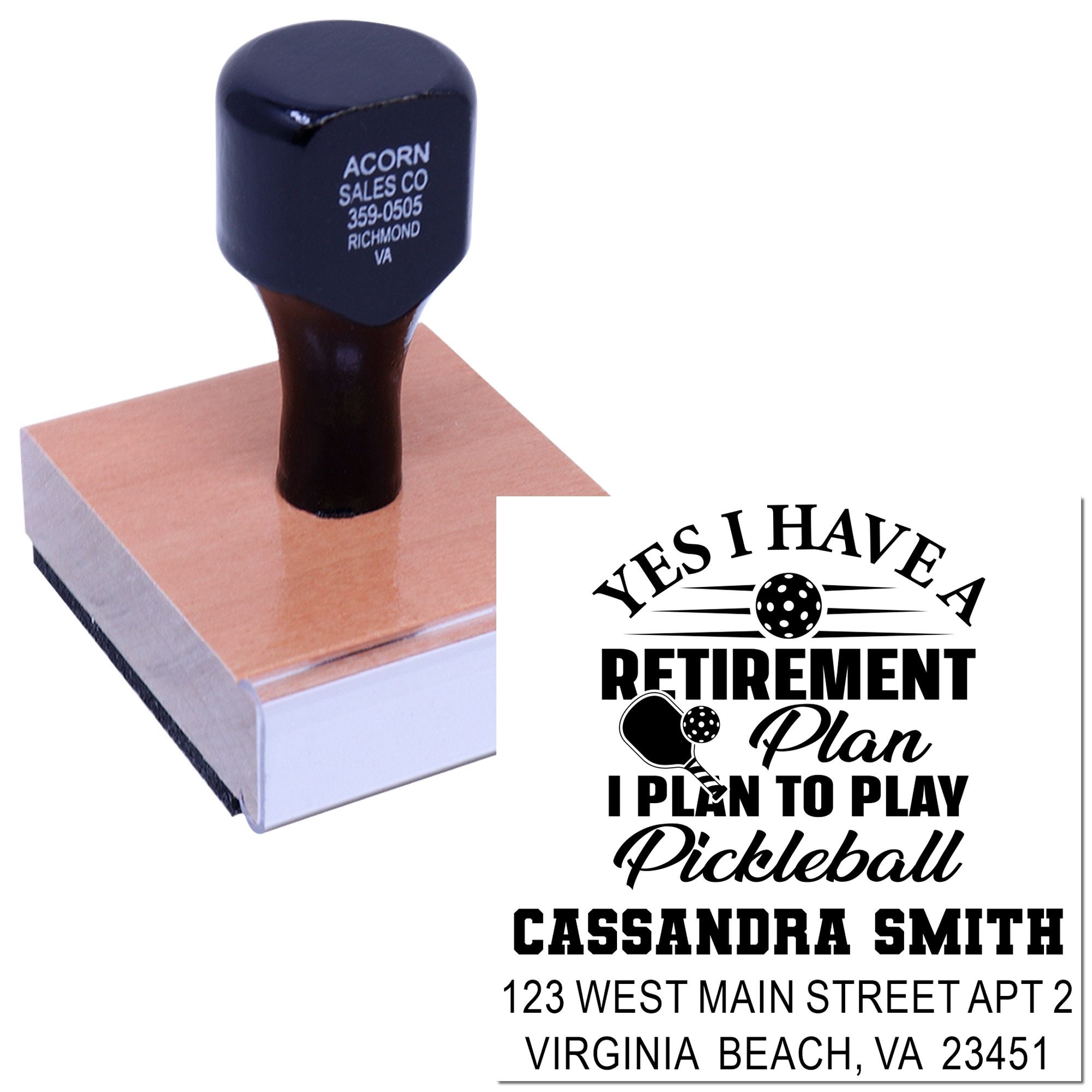 Custom rubber stamp with pickleball retirement address design for personalized mailing and stationery