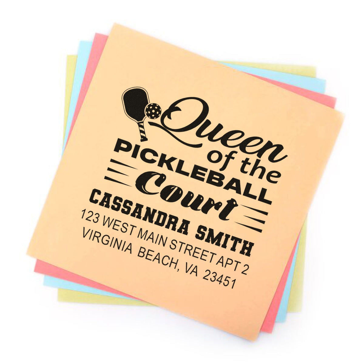Custom Queen of the Pickleball Court rubber stamp with name and address for personalized mail, gifts, and pickleball branding.