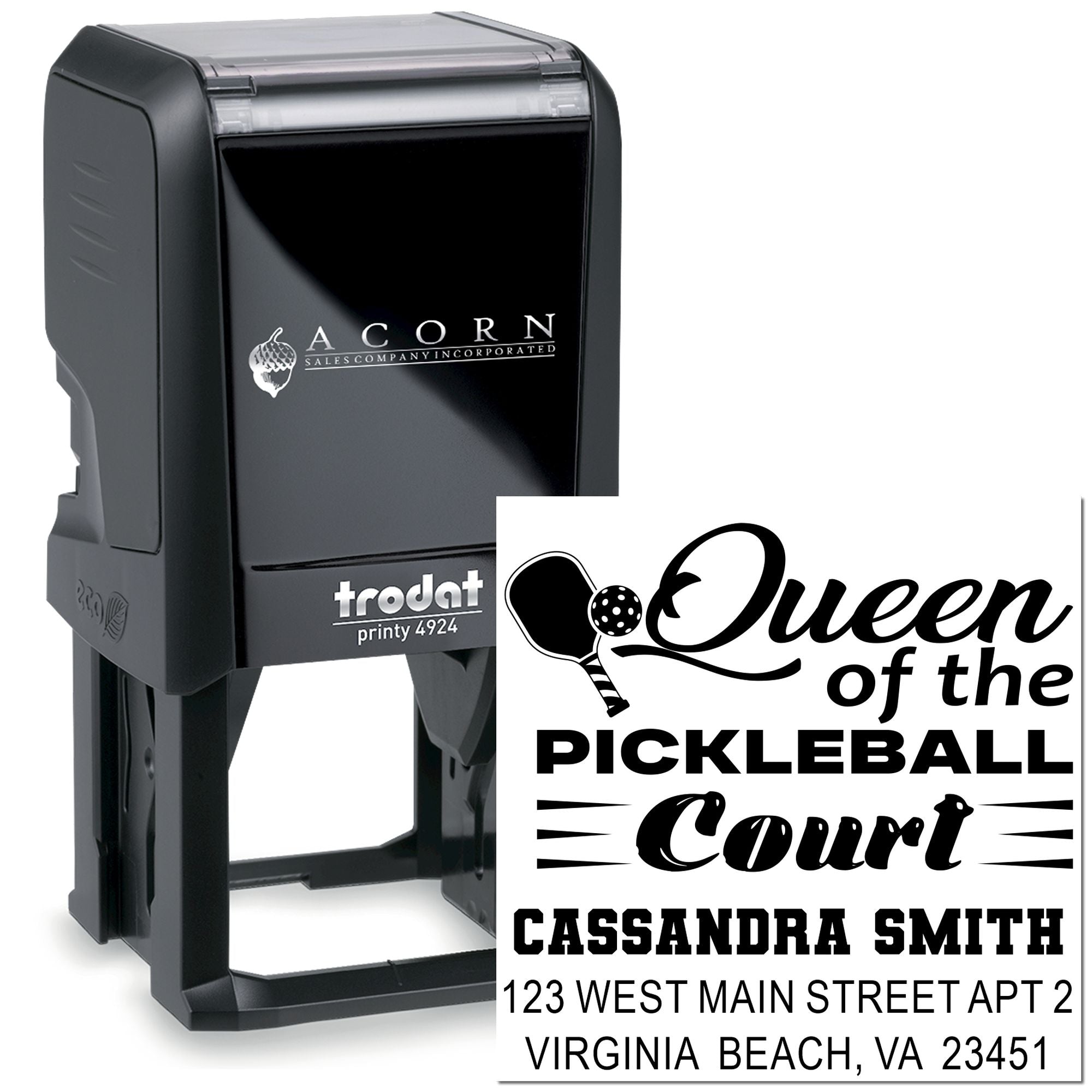 Custom self-inking rubber stamp featuring Queen of the Pickleball Court design, name, and address for personalization.