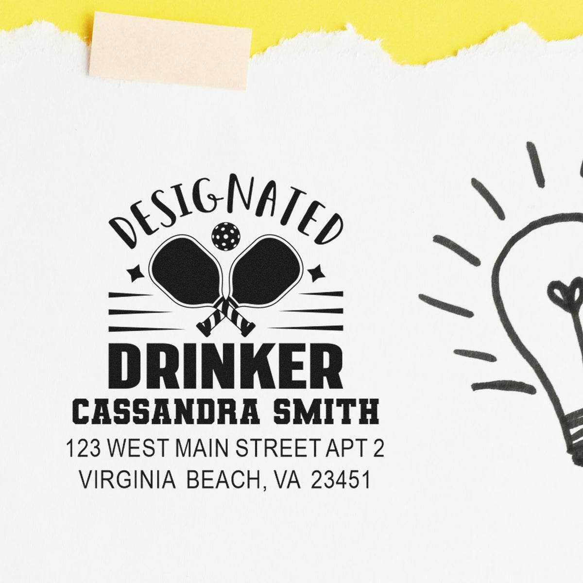 Personalized rubber stamp with Designated Drinker and return address for Cassandra Smith, Virginia Beach, VA.