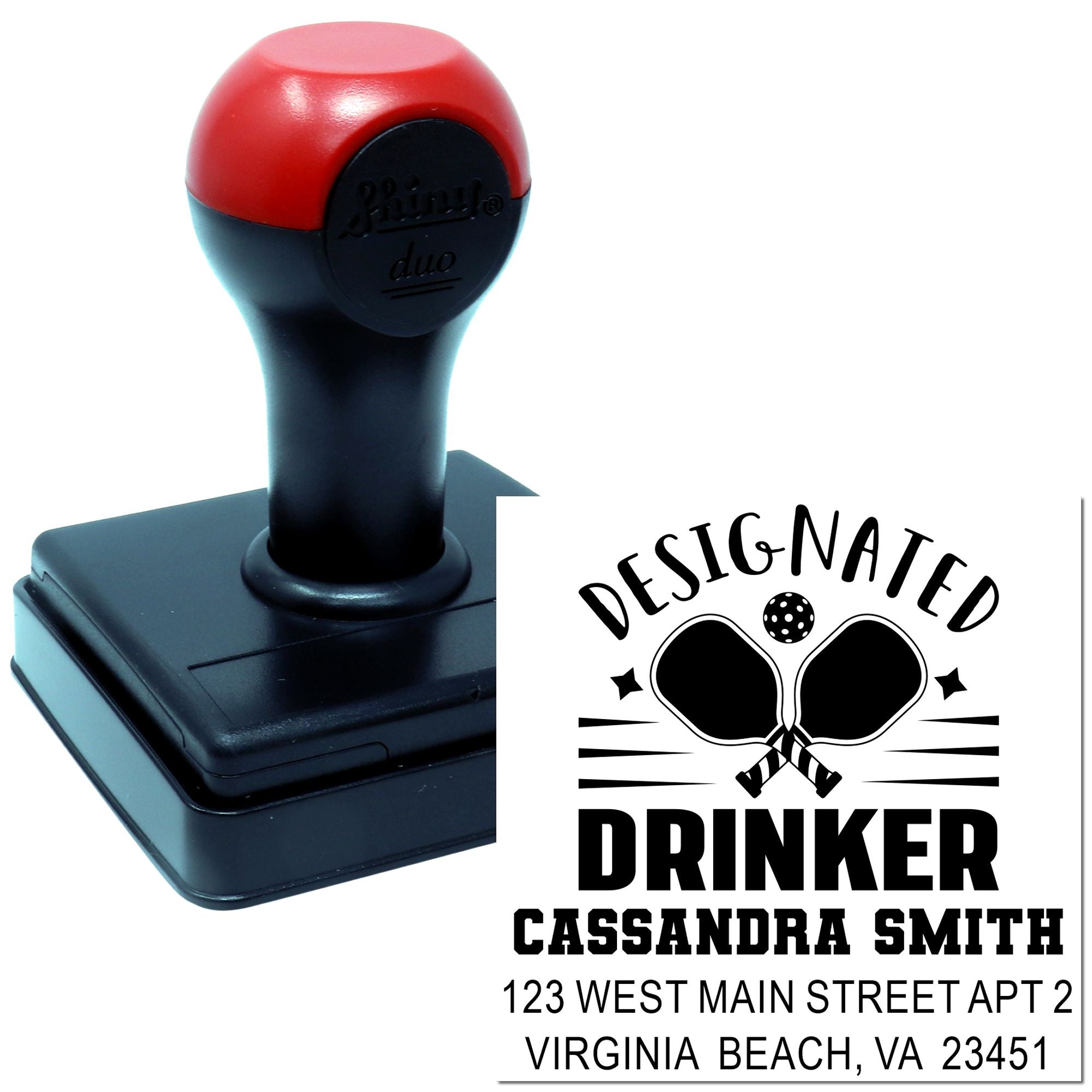 Custom self-inking rubber stamp with Designated Drinker design, personalized name, and address for novelty use.