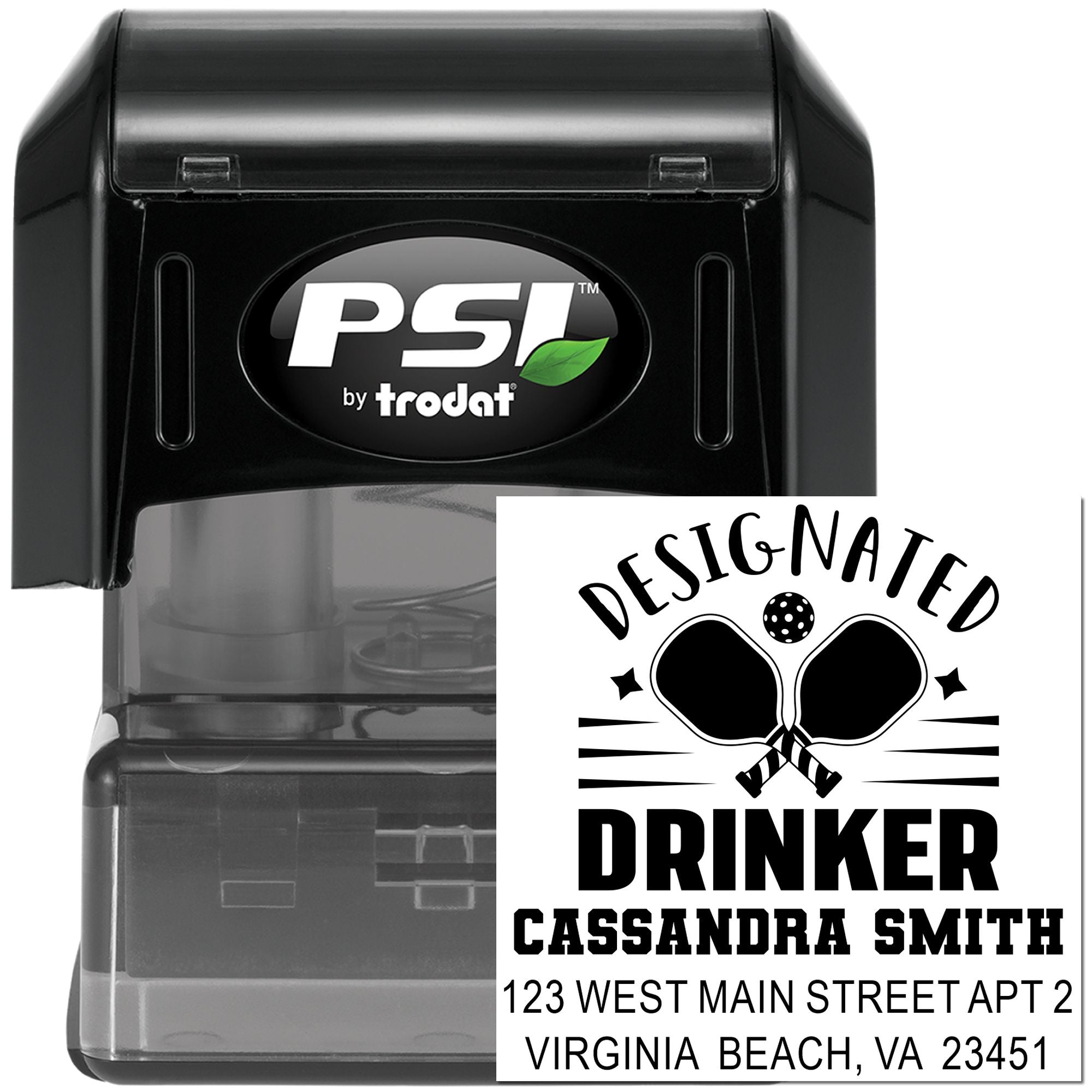 PSI by Trodat self-inking custom rubber stamp with designated drinker name and address design for personalized use