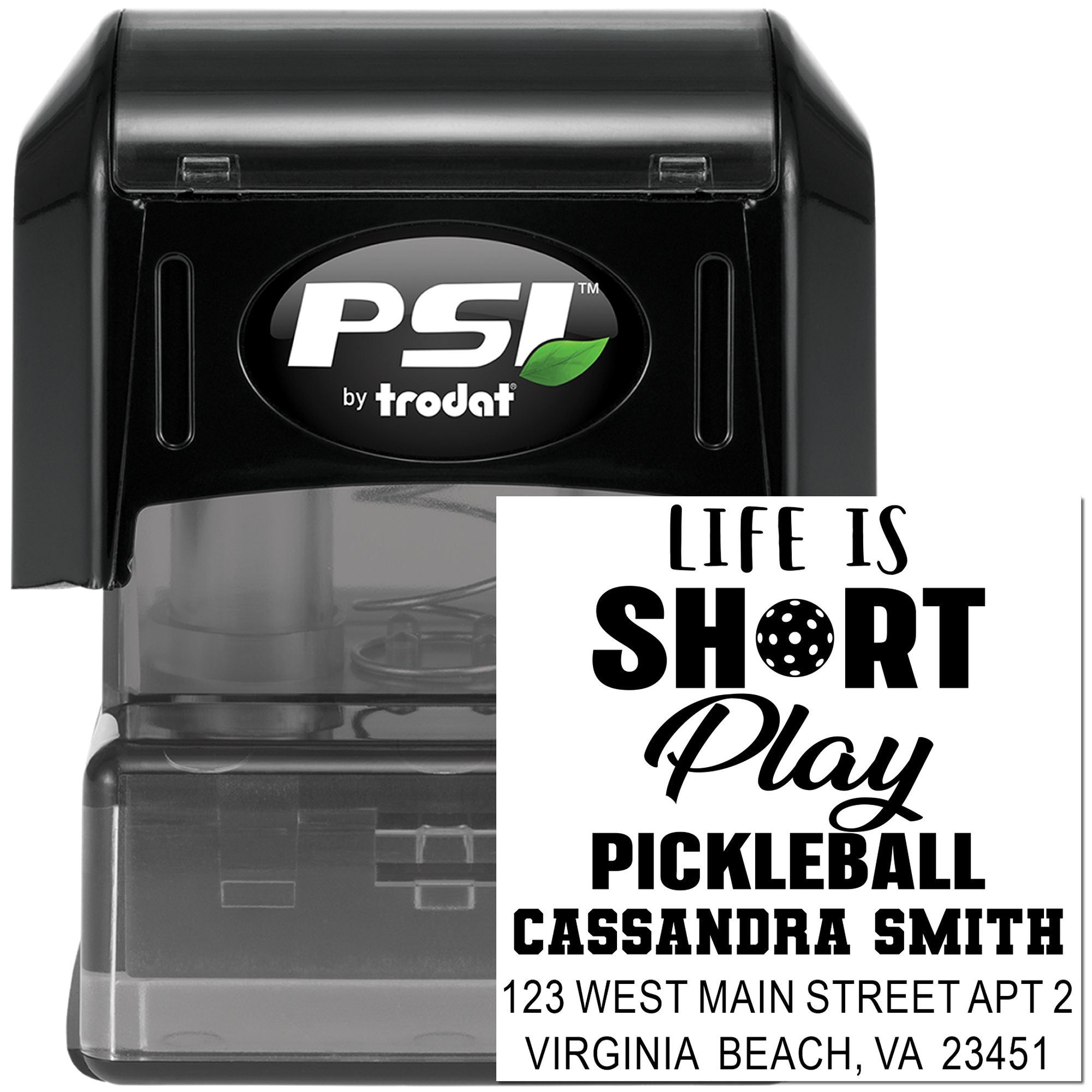 PSI by Trodat self-inking rubber stamp with custom pickleball return address design for Cassandra Smith