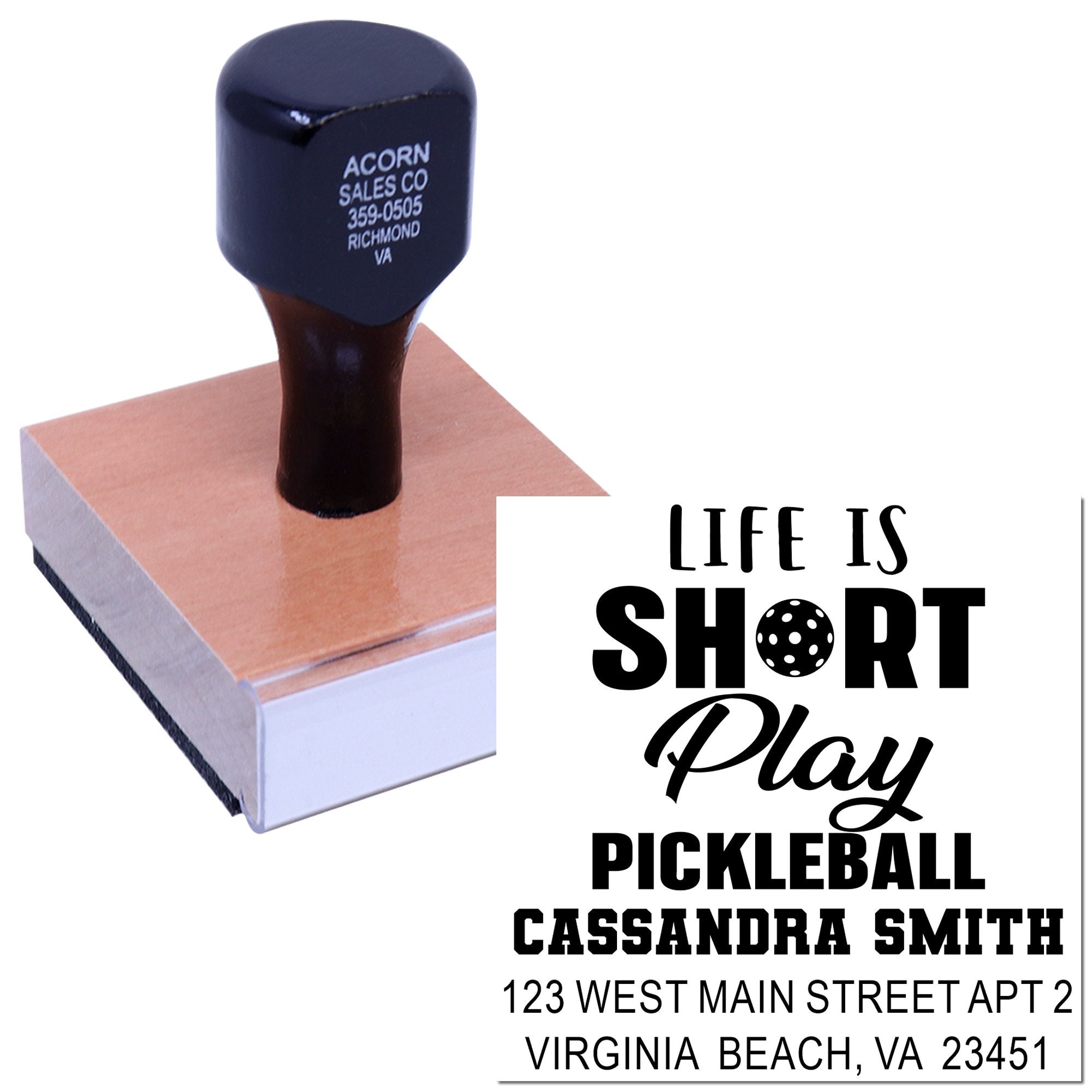 Custom rubber stamp with Life is short, play pickleball design and personalized address details.