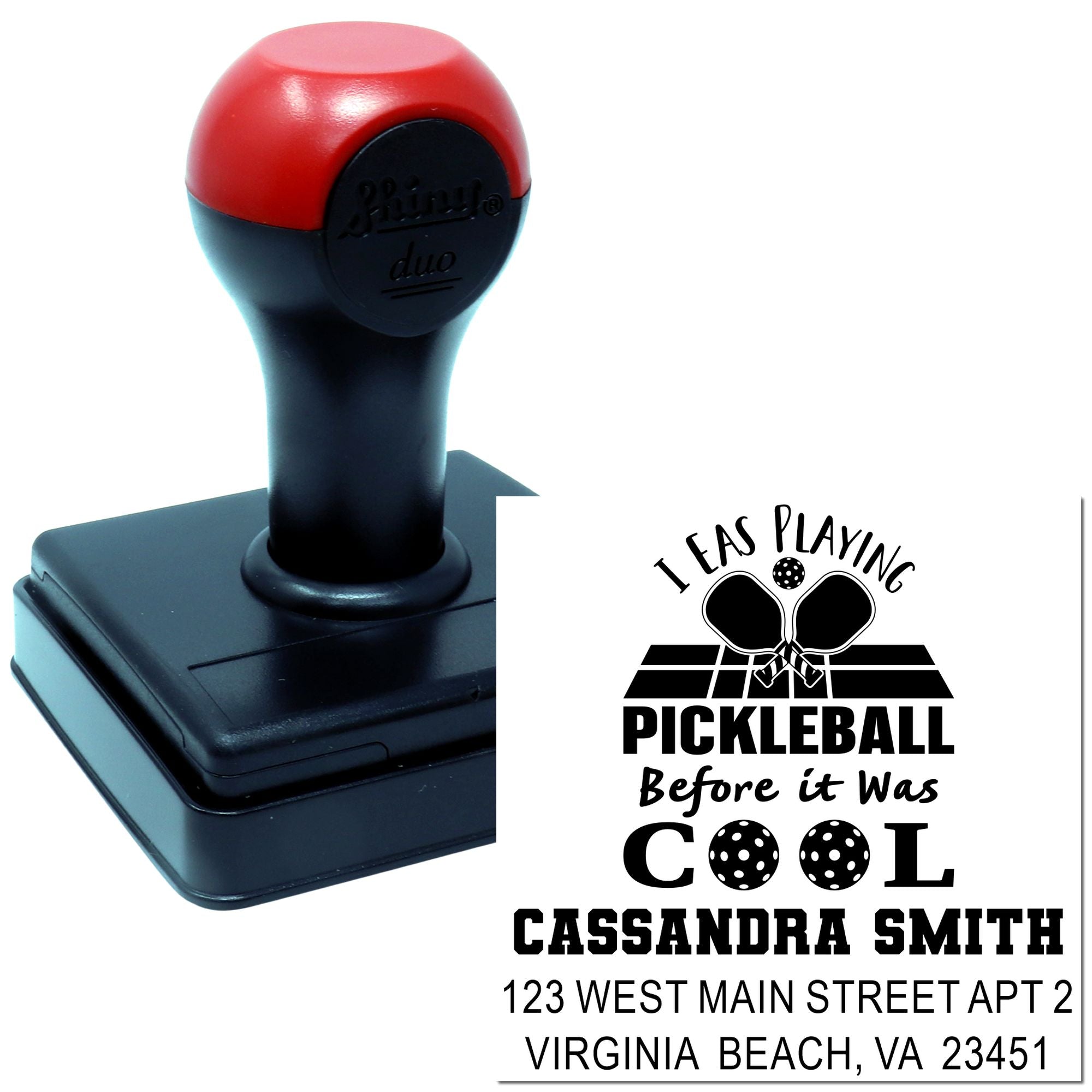 Personalized pickleball rubber stamp for return addresses, featuring name, street address and Virginia Beach, VA.