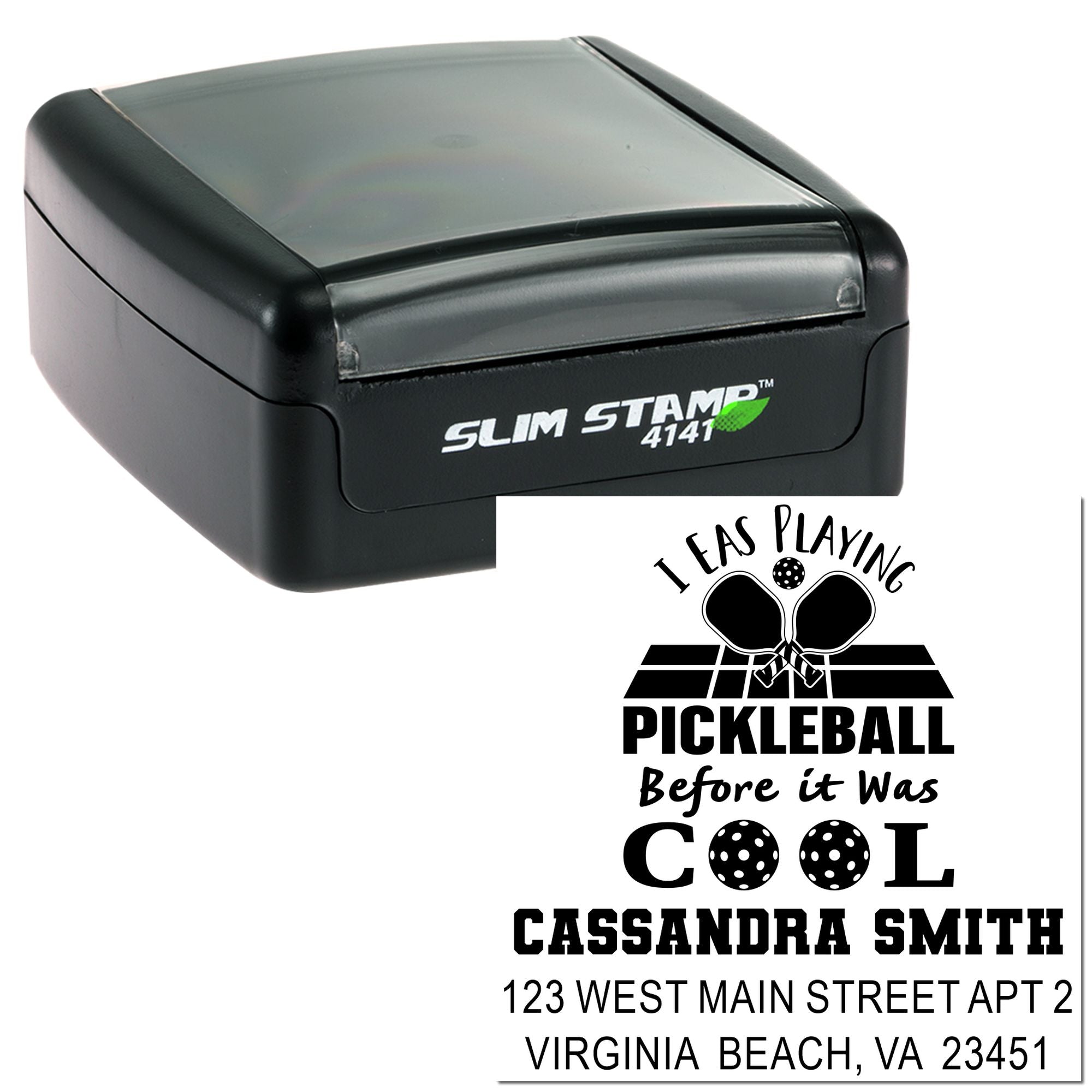 Slim Stamp 4141 self-inking rubber stamp with custom pickleball return address design for personalized address stamping