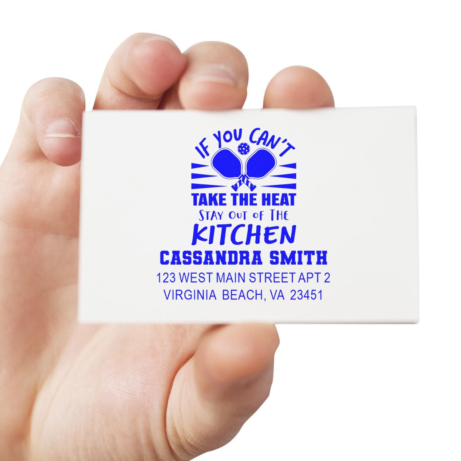 Custom rubber address stamp with pickleball quote, name, and Virginia Beach address for personalized mailing.