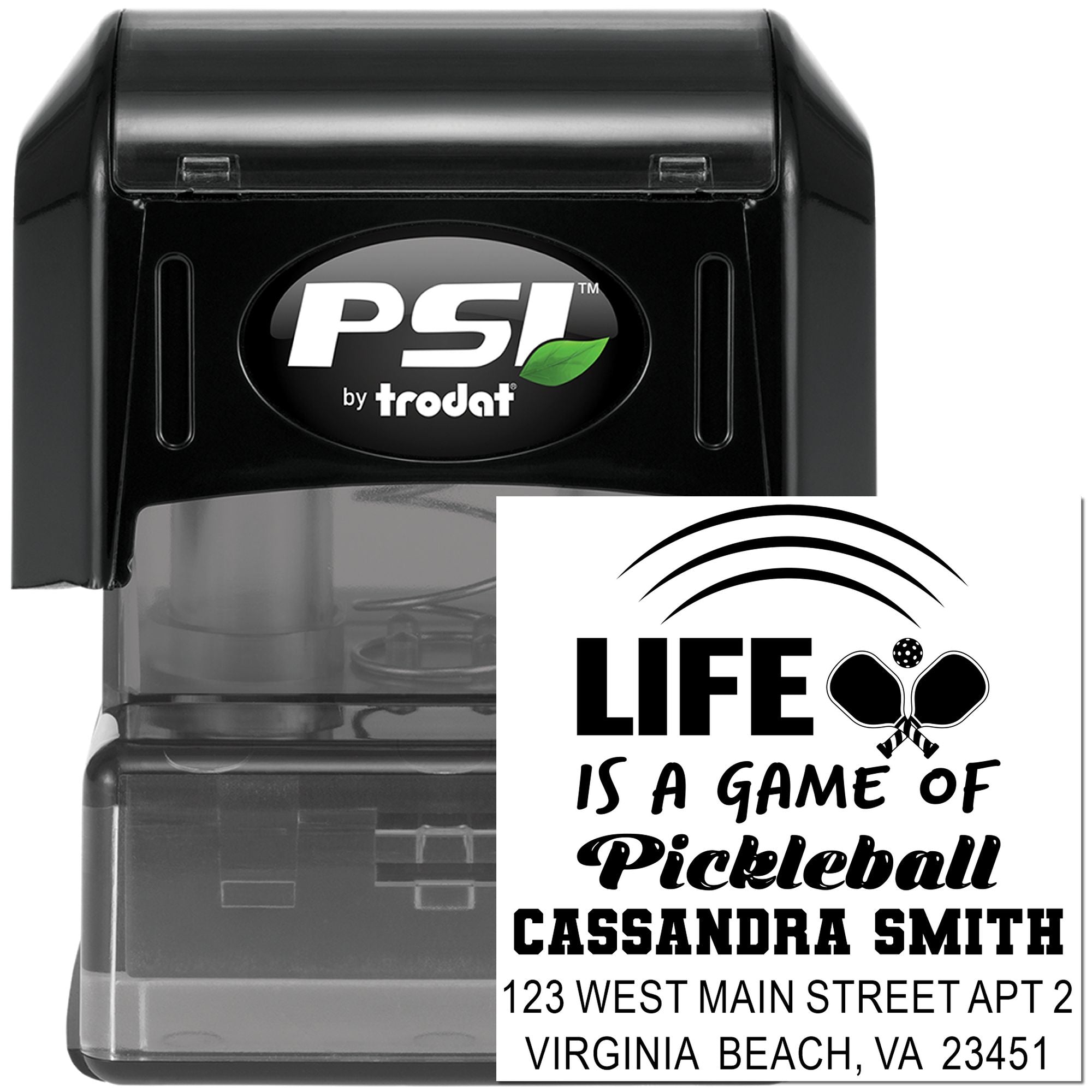 Custom self-inking pickleball address rubber stamp by PSI Trodat with personalized name and return address imprint.
