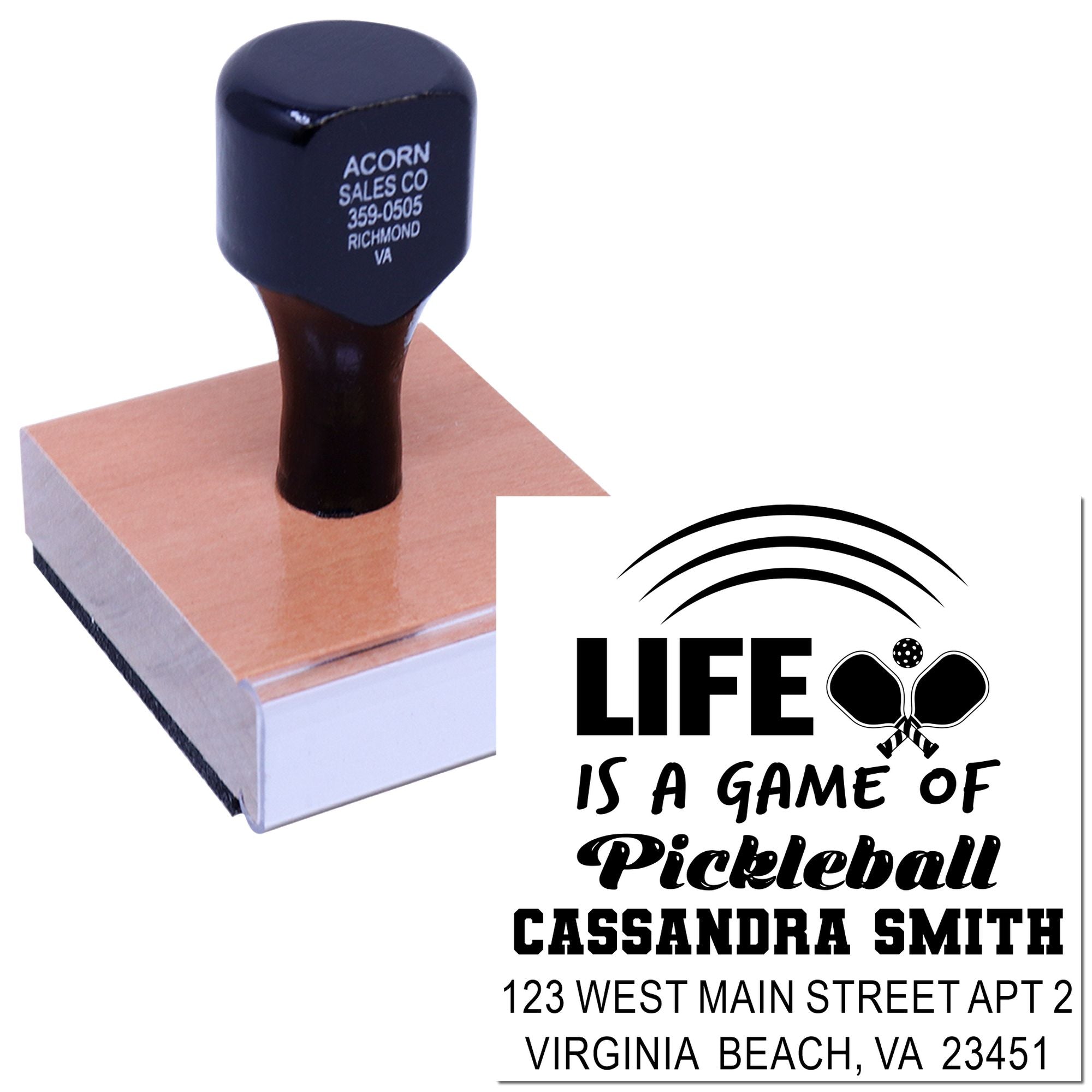 Custom pickleball address rubber stamp with name and address for personalized sports-themed mailing.