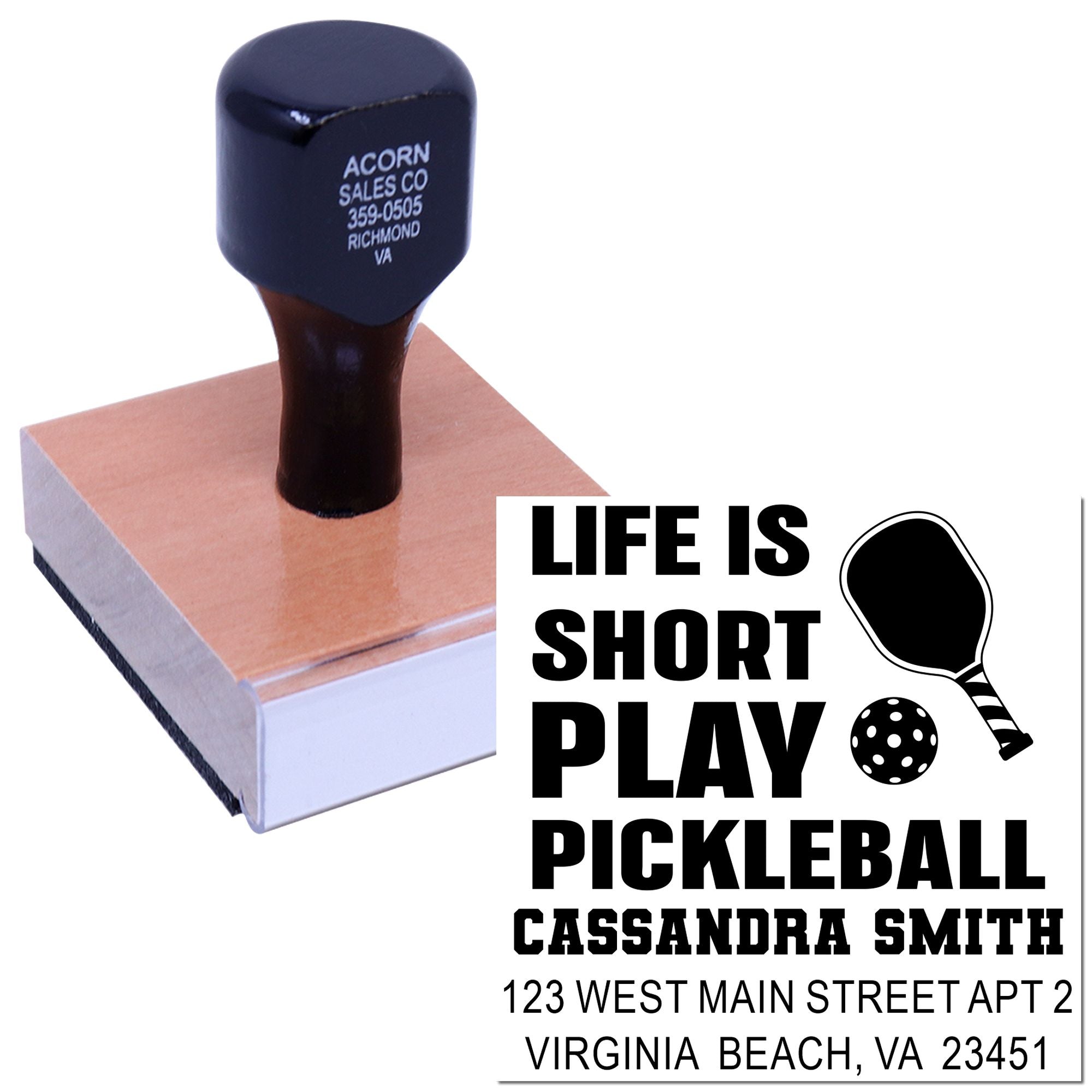 Custom rubber stamp for pickleball fans with Life is short play pickleball and personalized return address.