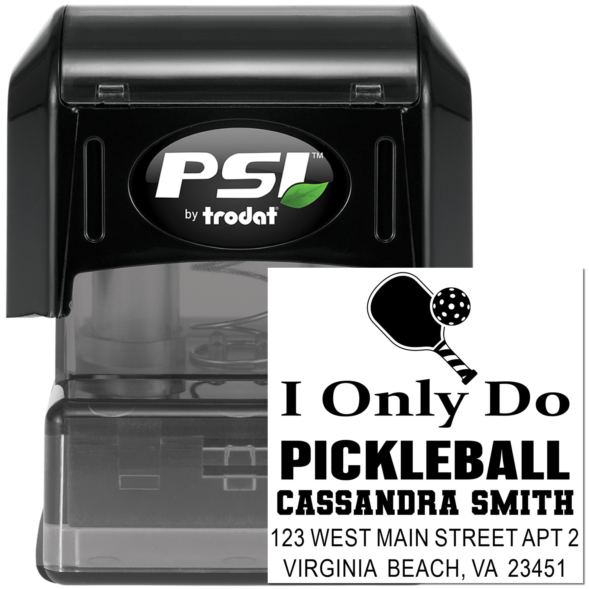 Custom pickleball address rubber stamp, self-inking PSI by Trodat, personalized with name and mailing address.